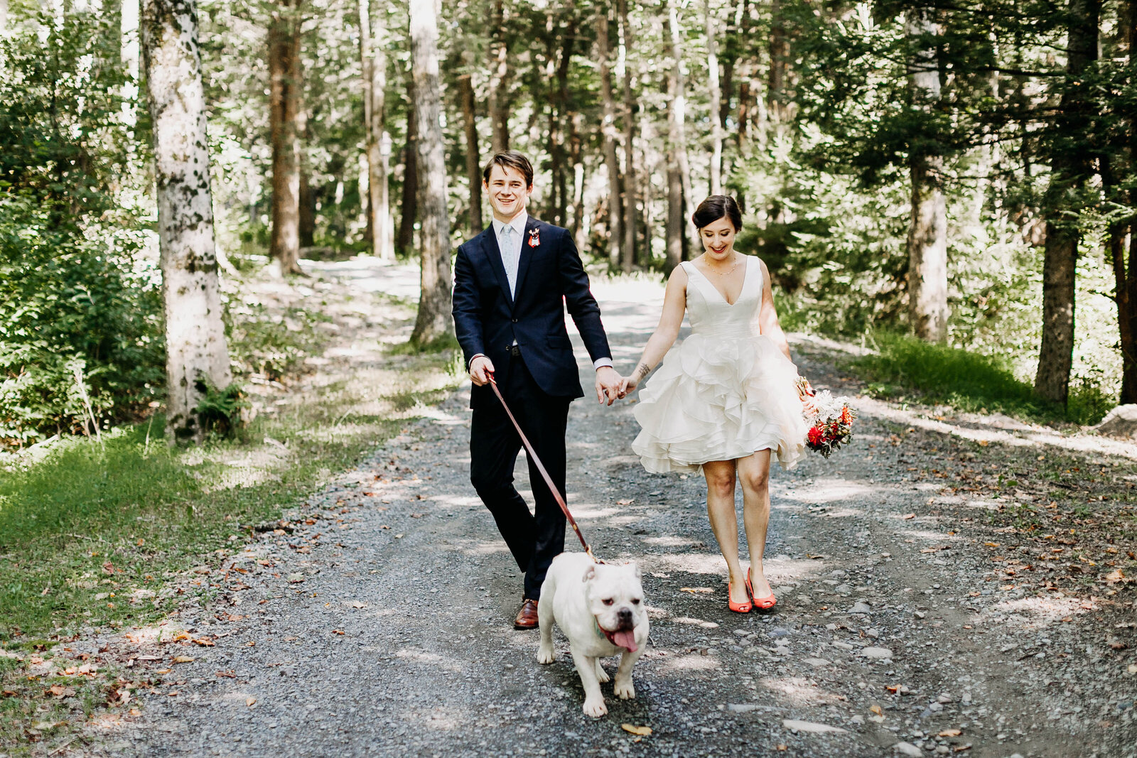 bride and groom with bulldog in mountains