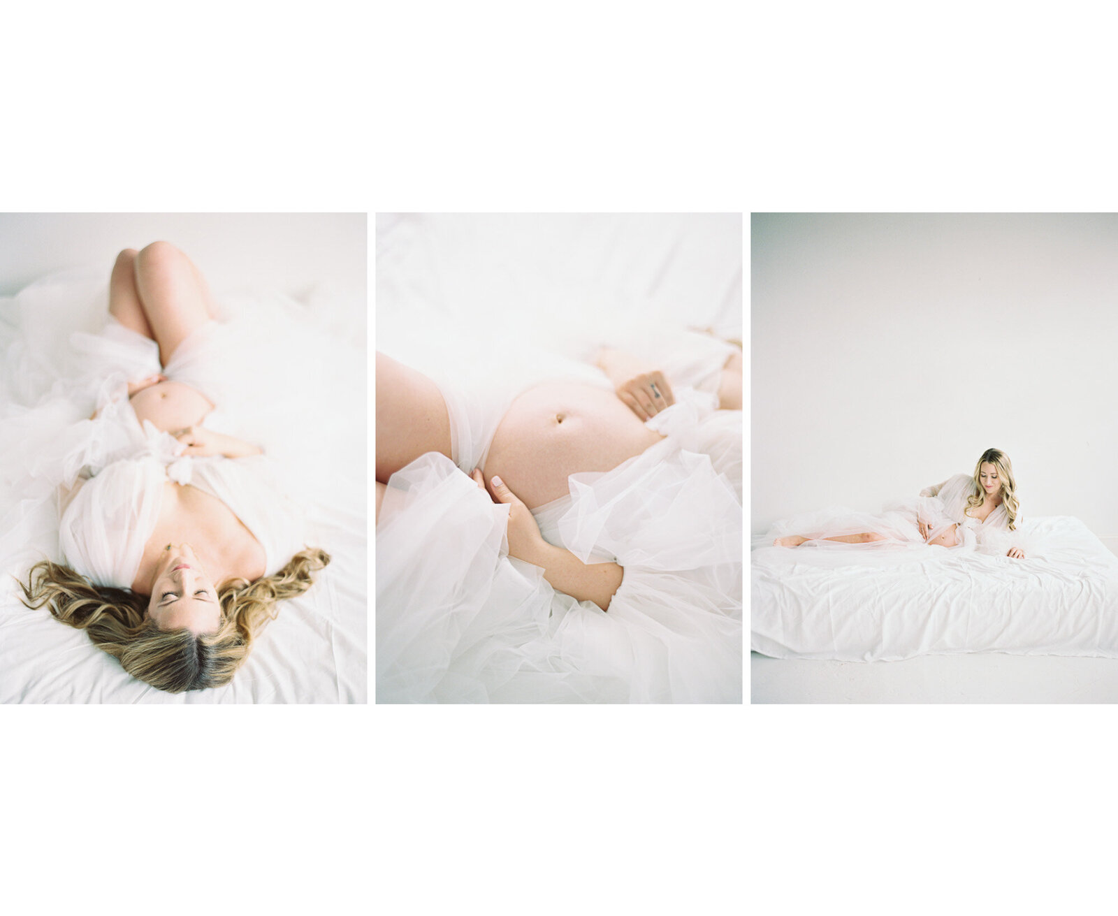 pregnant woman laying on bed wrapped in white tulle by Milwaukee Maternity Photographer
