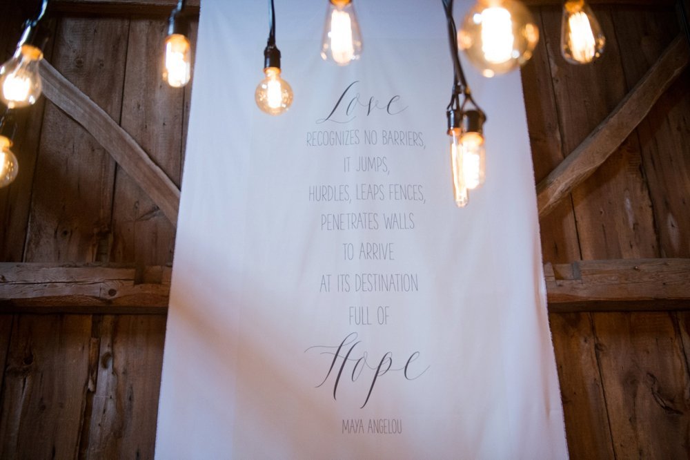 Custom fabric quote banners for wedding at The Barn on Walnut Hill