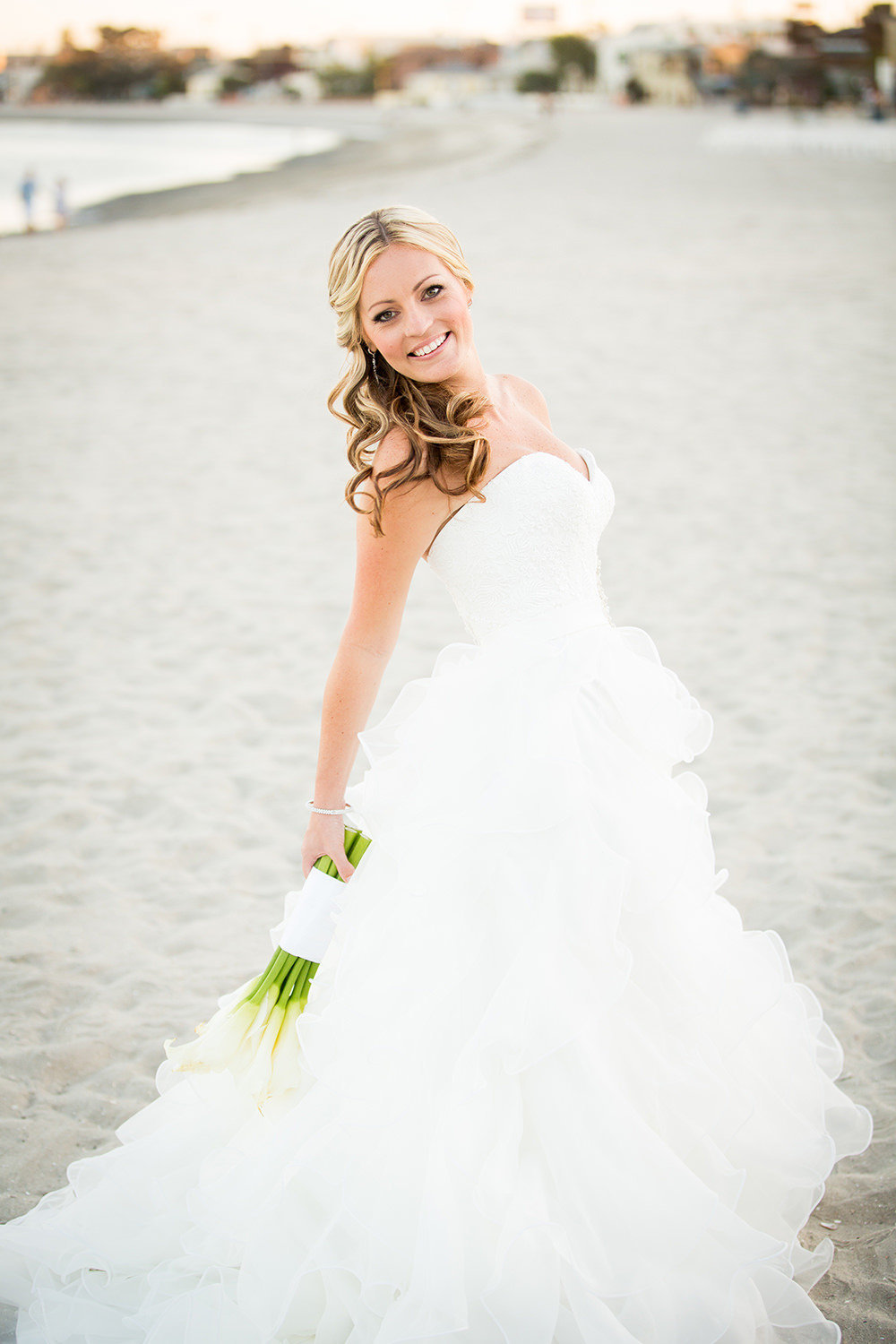 bride on beach with beautiful dress