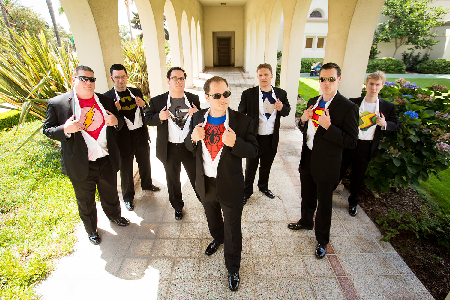 bridal party at the immaculata with super hero shirts