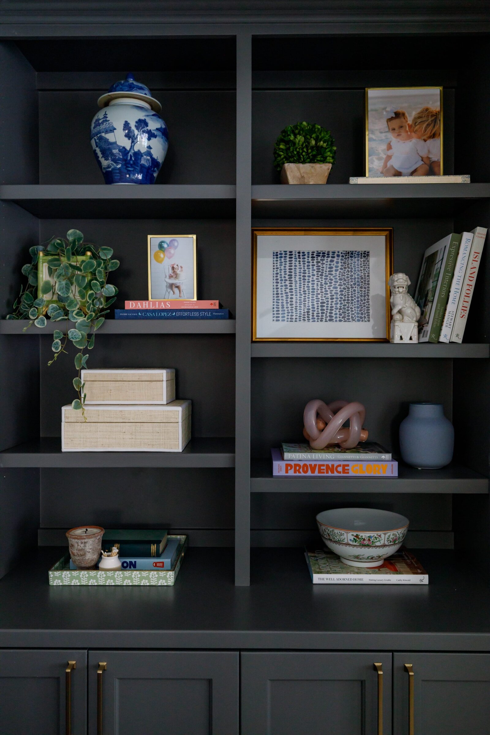vision and hammer styling shelf dark blue with books and plants