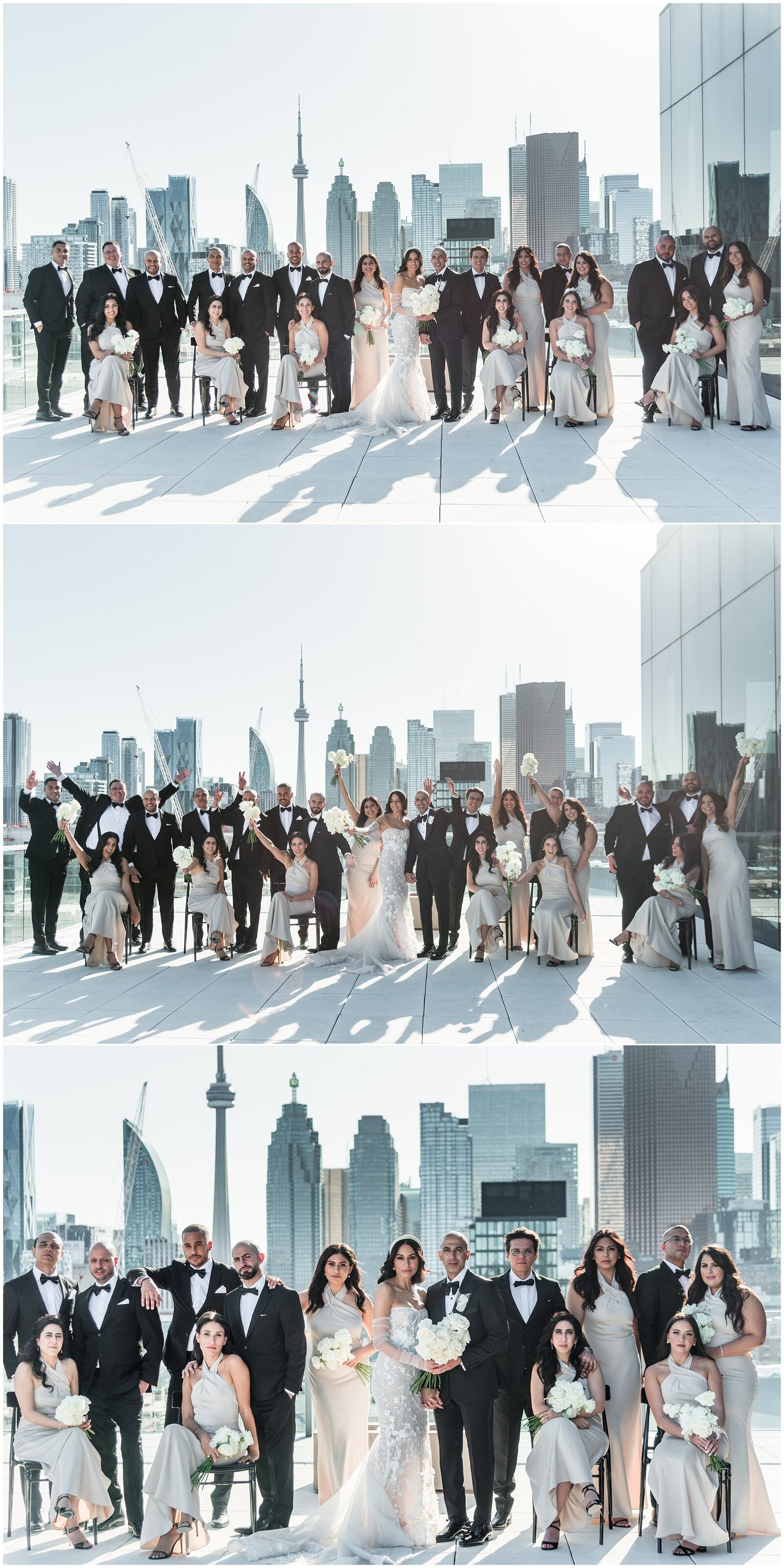 Epic wedding party portraits at The Globe and Mail with Toronto Skyline in the background