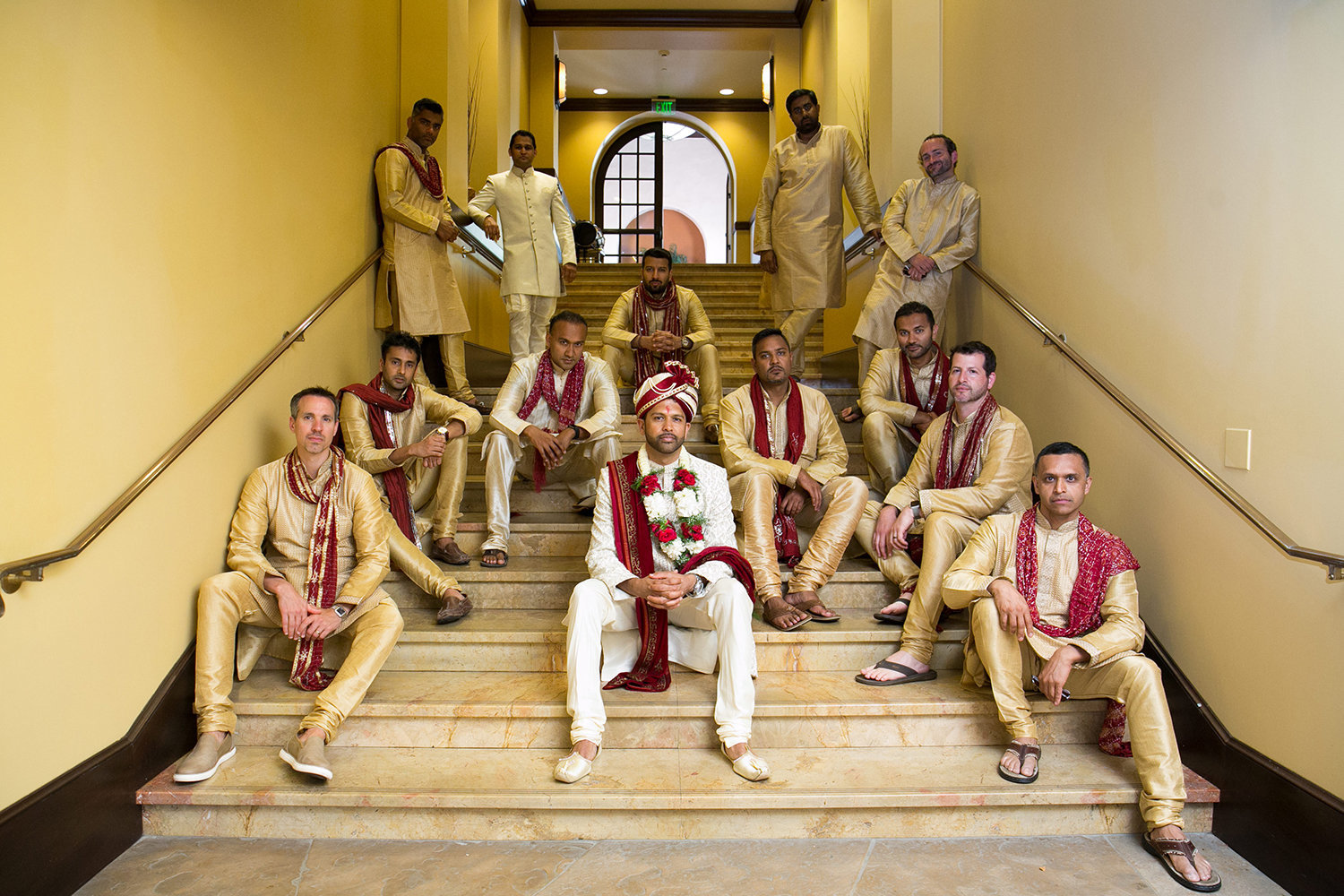 The groom with his groomsmen prior to his Hindu wedding ceremony