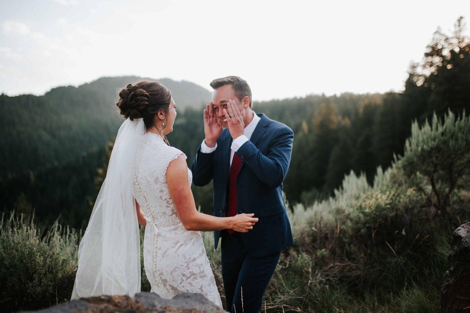 Sacramento Wedding Photographer captures groom seeing bride for first time during first look