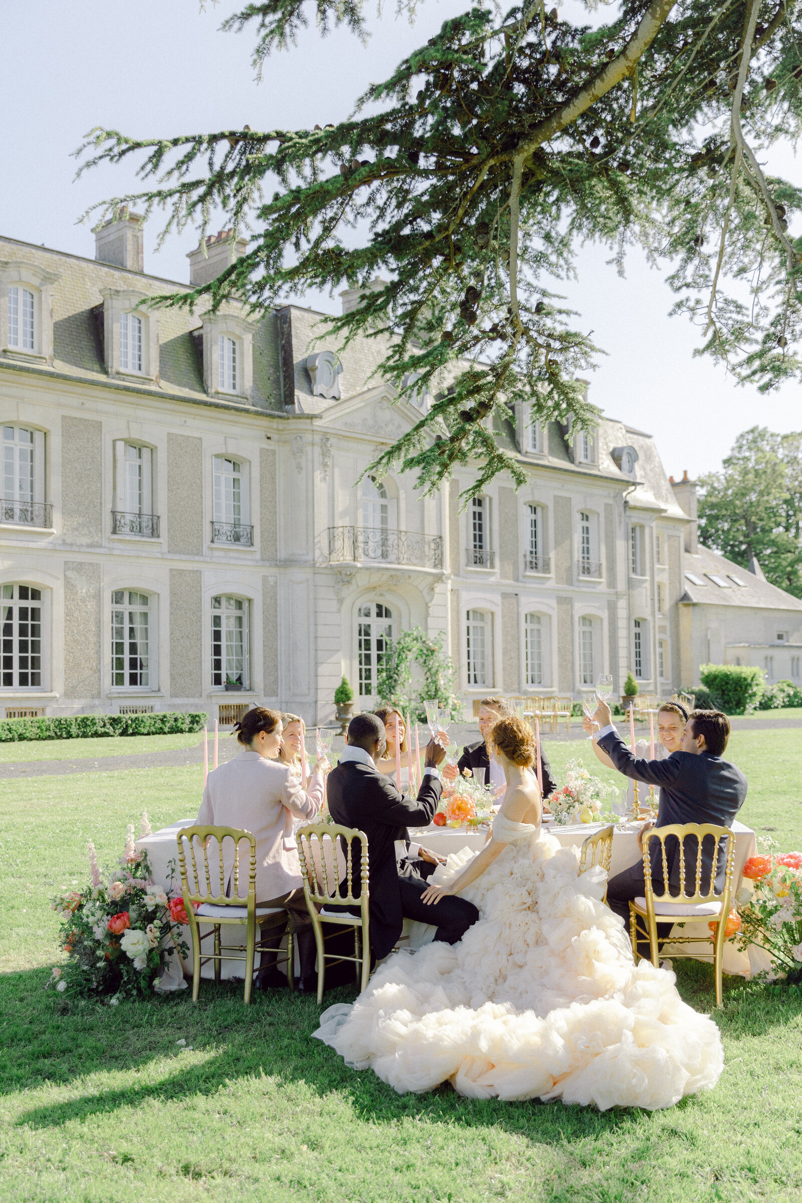 Luxury wedding bride and groom ceremony confetti editorial fine art chateau french