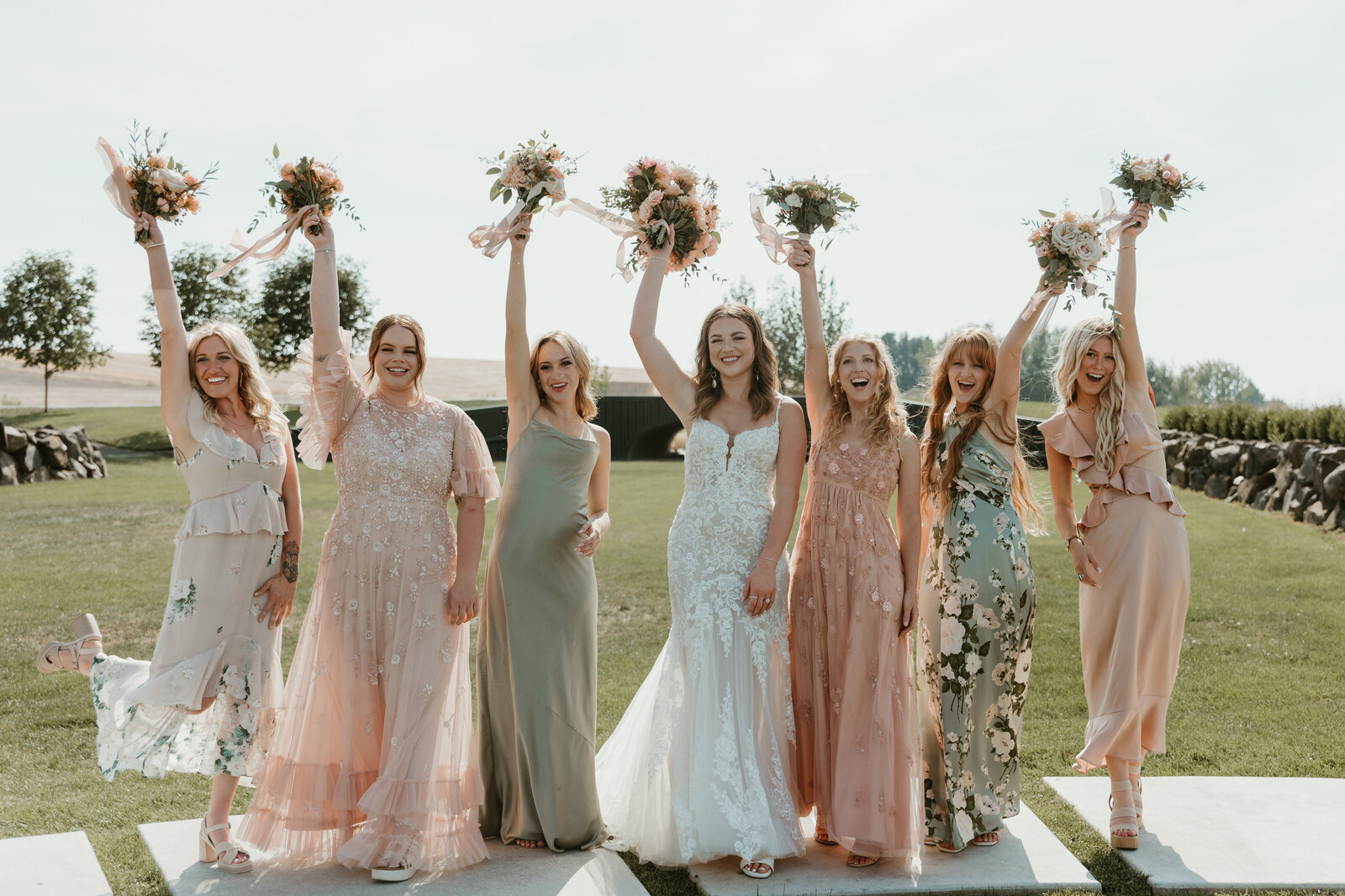 bride and her bridesmaids celebrating