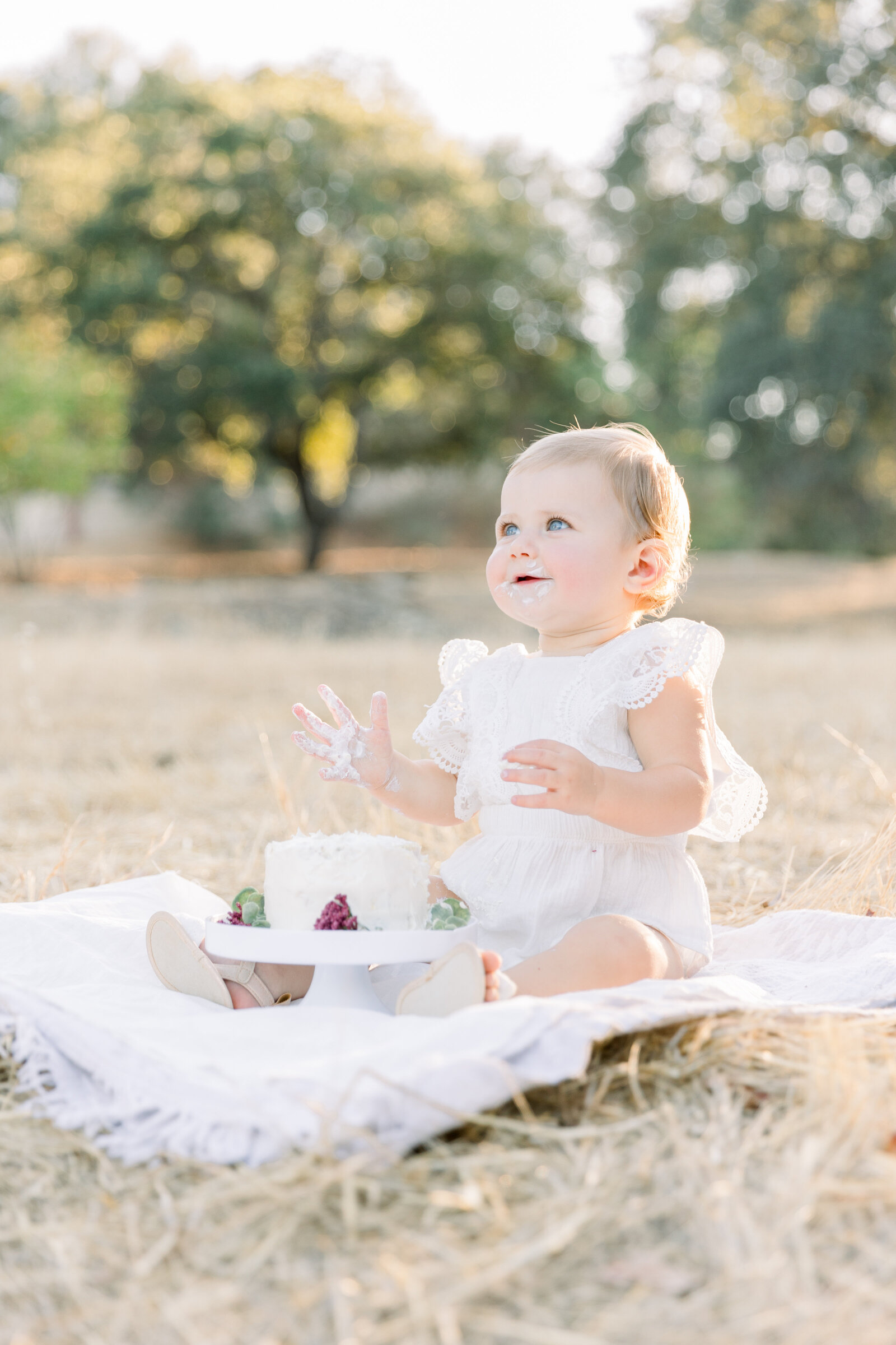 One year old baby girl sitting with cake on a blanket taken by Sacramento Newborn Photographer Kelsey Krall