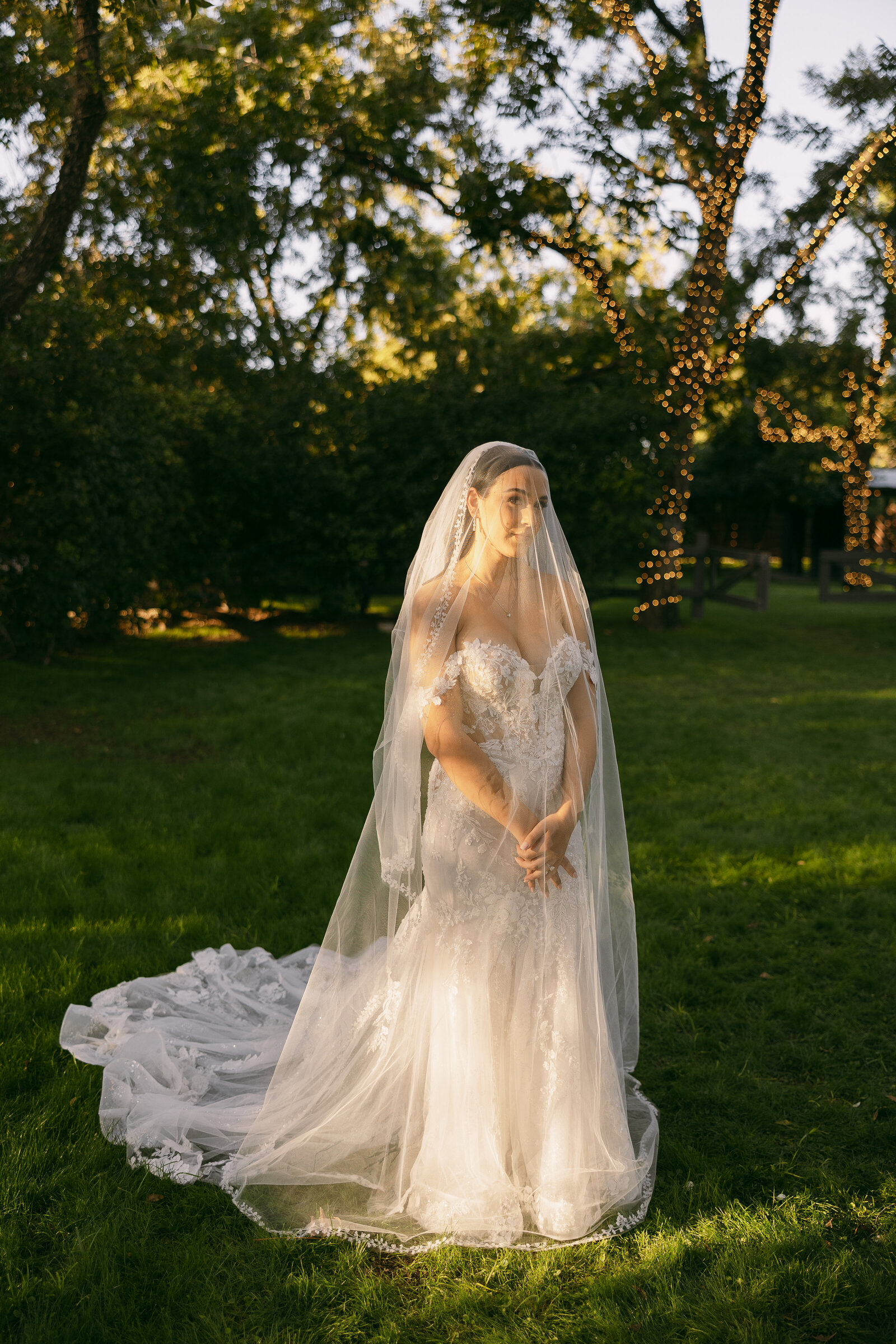 A bride standing in a field with a veil over her.