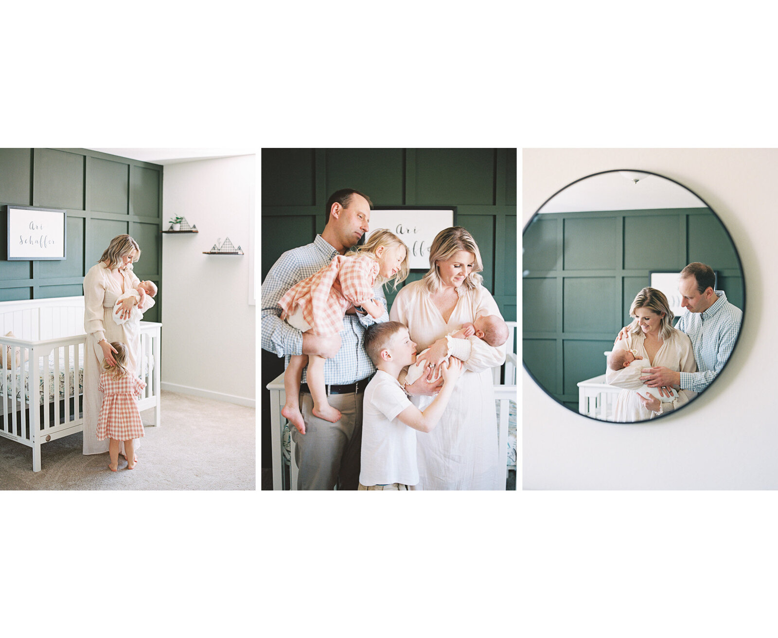 photo of family holding new baby in nursery with board and batten wall by madison wi newborn photographer, Talia Laird Photography