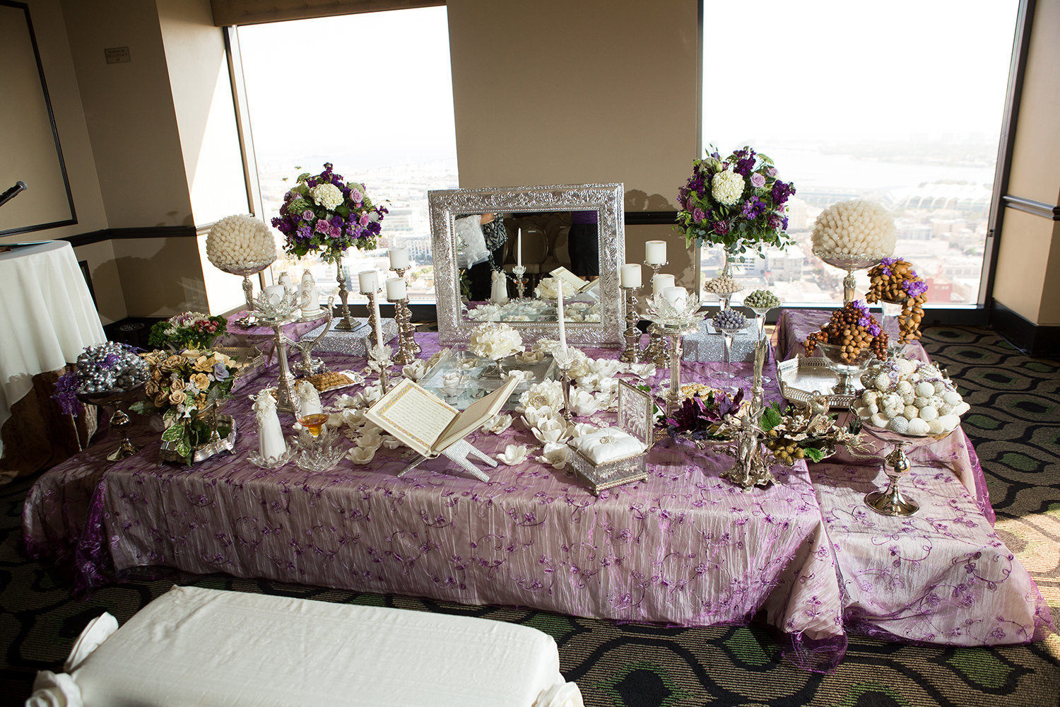 Elegant Sofreh setup at a wedding in San Diego | The University Club atop Symphony Tower