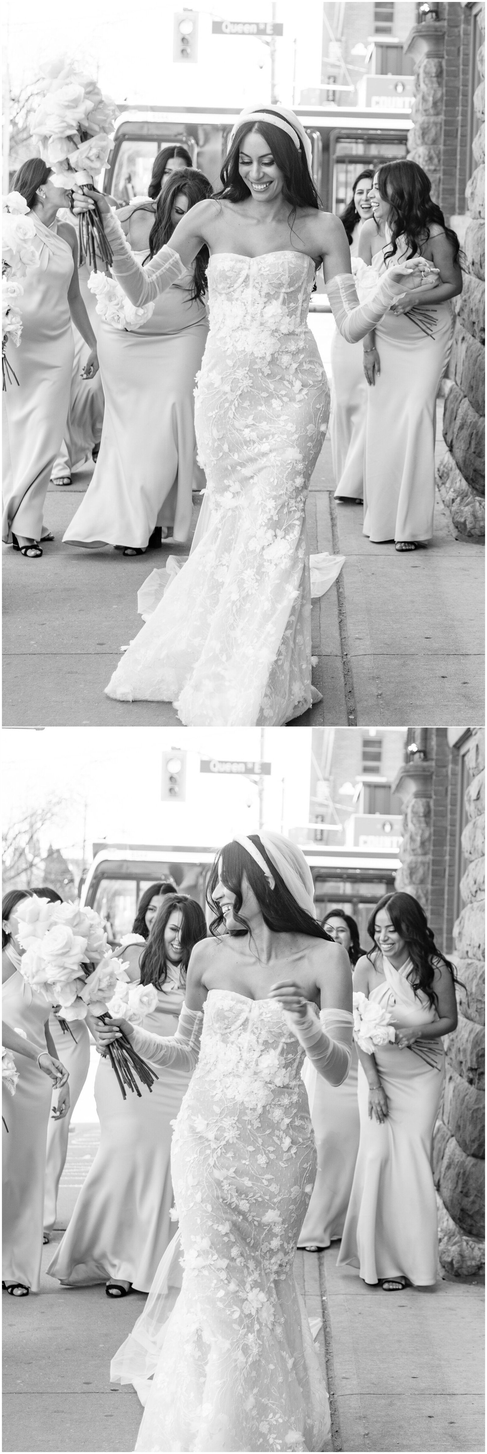 Bride with her bridesmaids on Toronto streets - The bride wears a headband with her long hair down matching with her sheer detachable sleeves and sheath silhouette dress with floral bridal lace