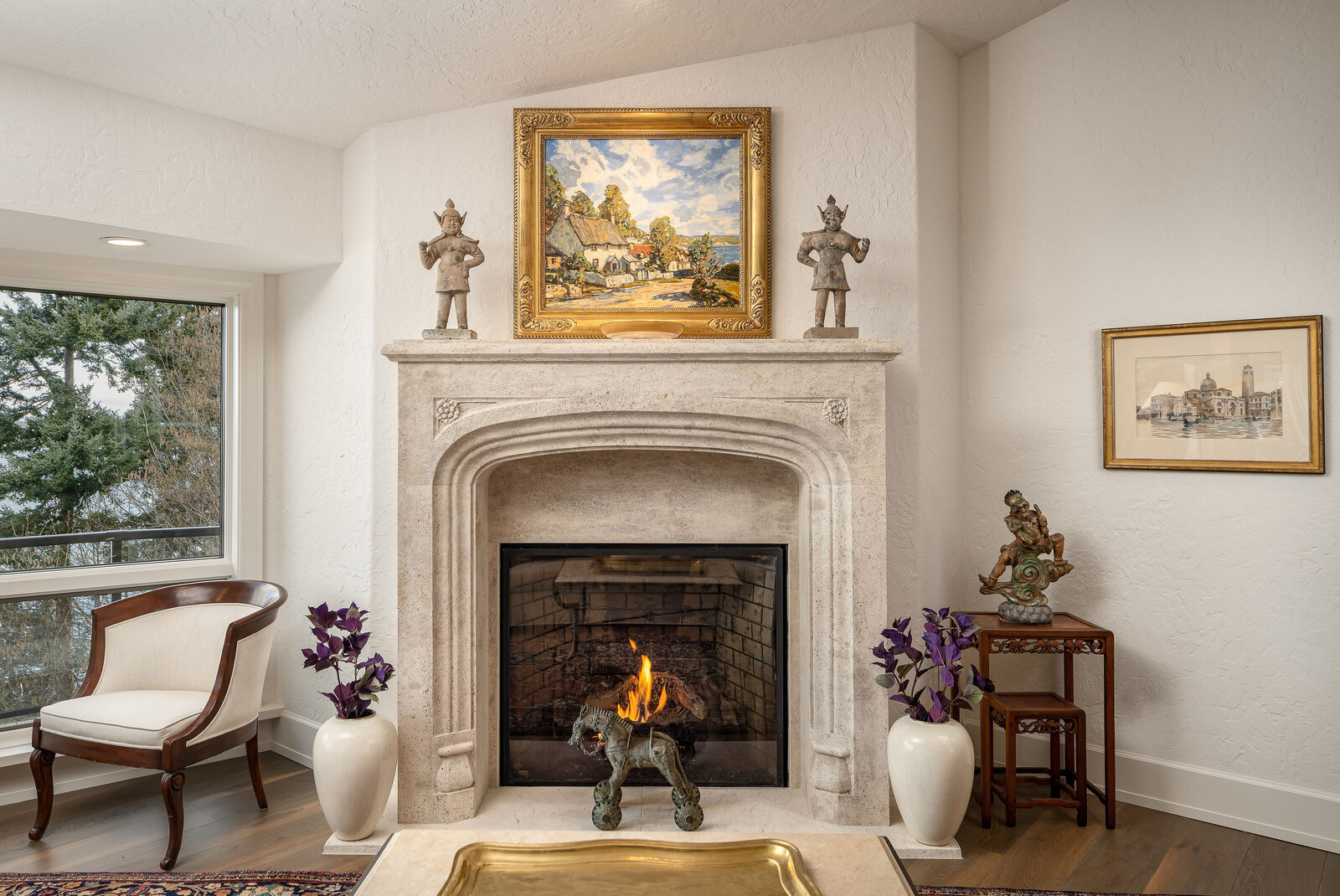 classic living room with statement fireplace