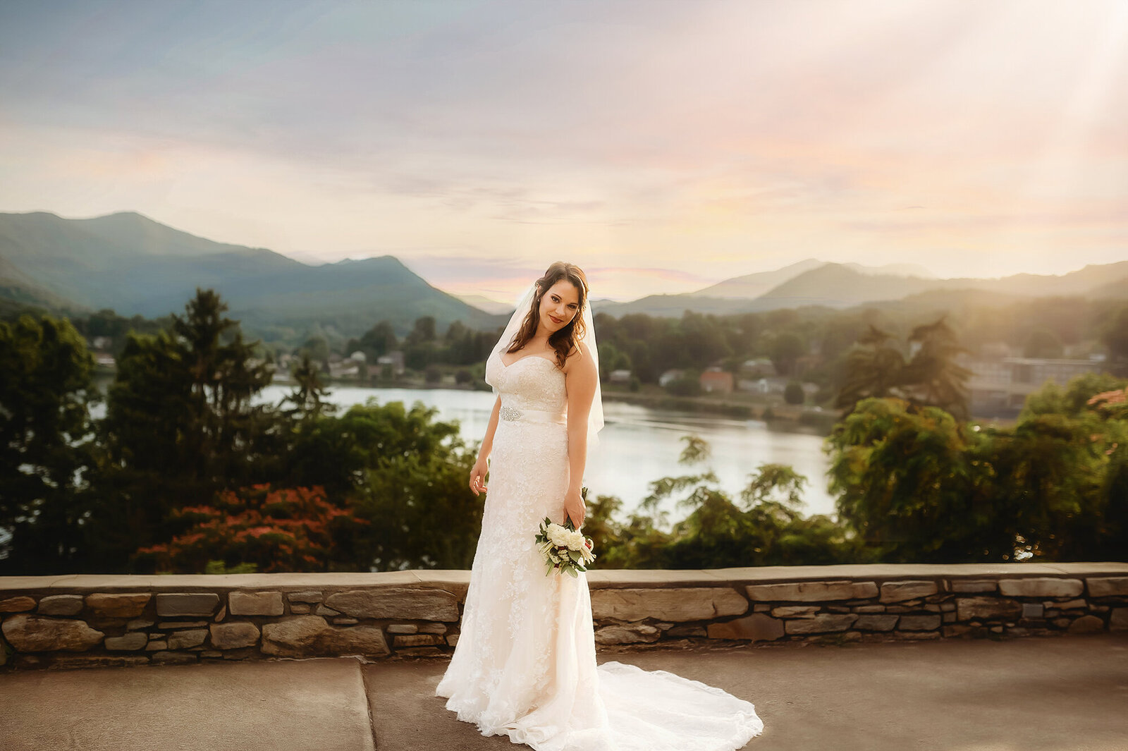 Bride poses for Bridal Portraits at Lake Junaluska in Asheville, NC.