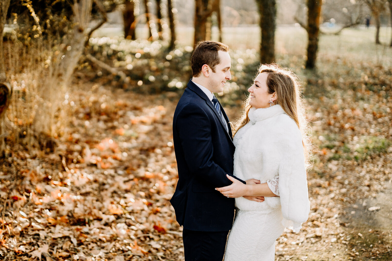 bride with fur shawl and groom with winter sunset light