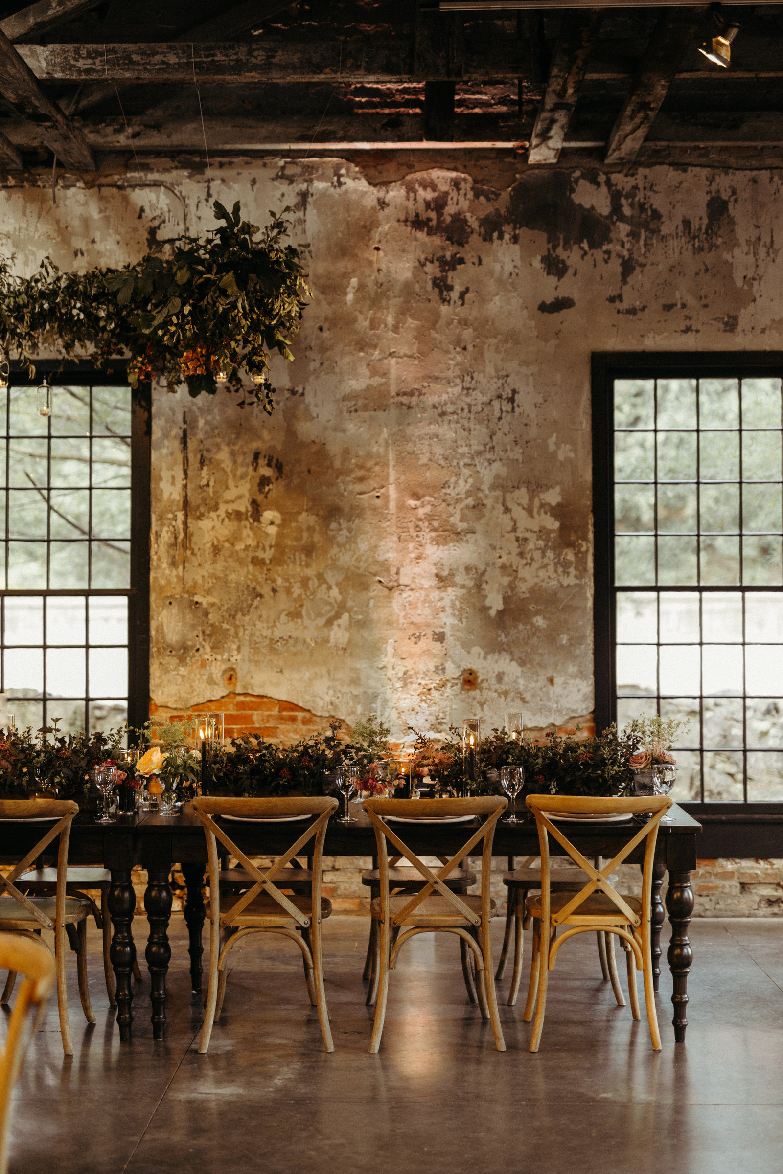 Moody Industrial Wedding Table Greenery at Washington Mill Dye House
