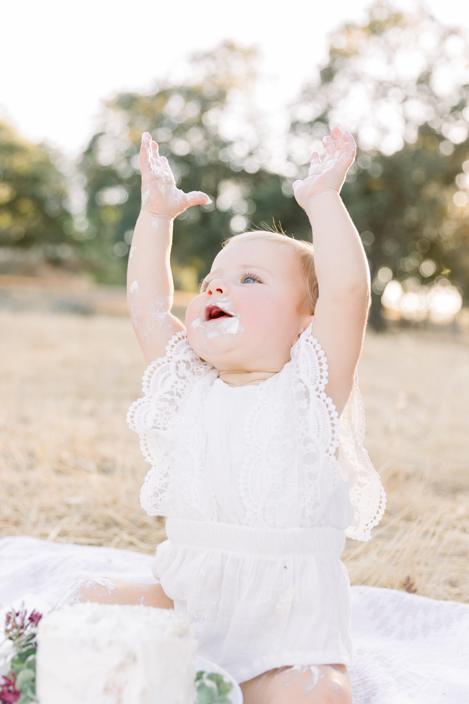 One year old baby with small cake and hands in the air taken by Sacramento Newborn Photographer Kelsey Krall