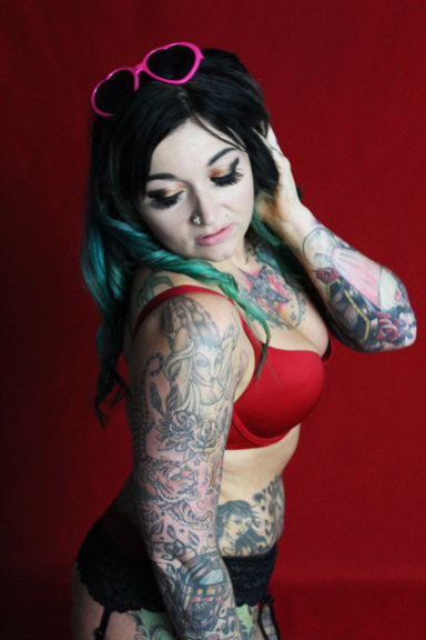 Tattoo, horror movie tattoos, red bra, black panties, pin up, full sleeve