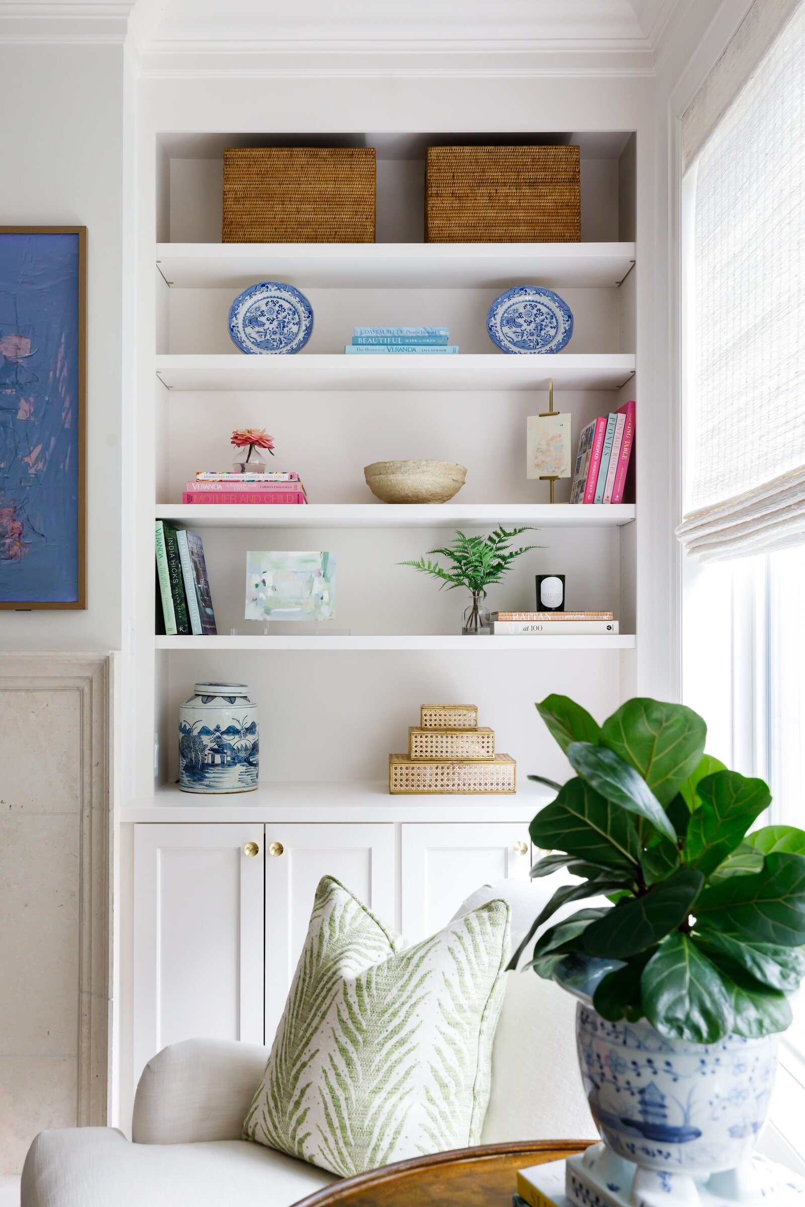 vision and hammer styling shelf with blue plates and baskets