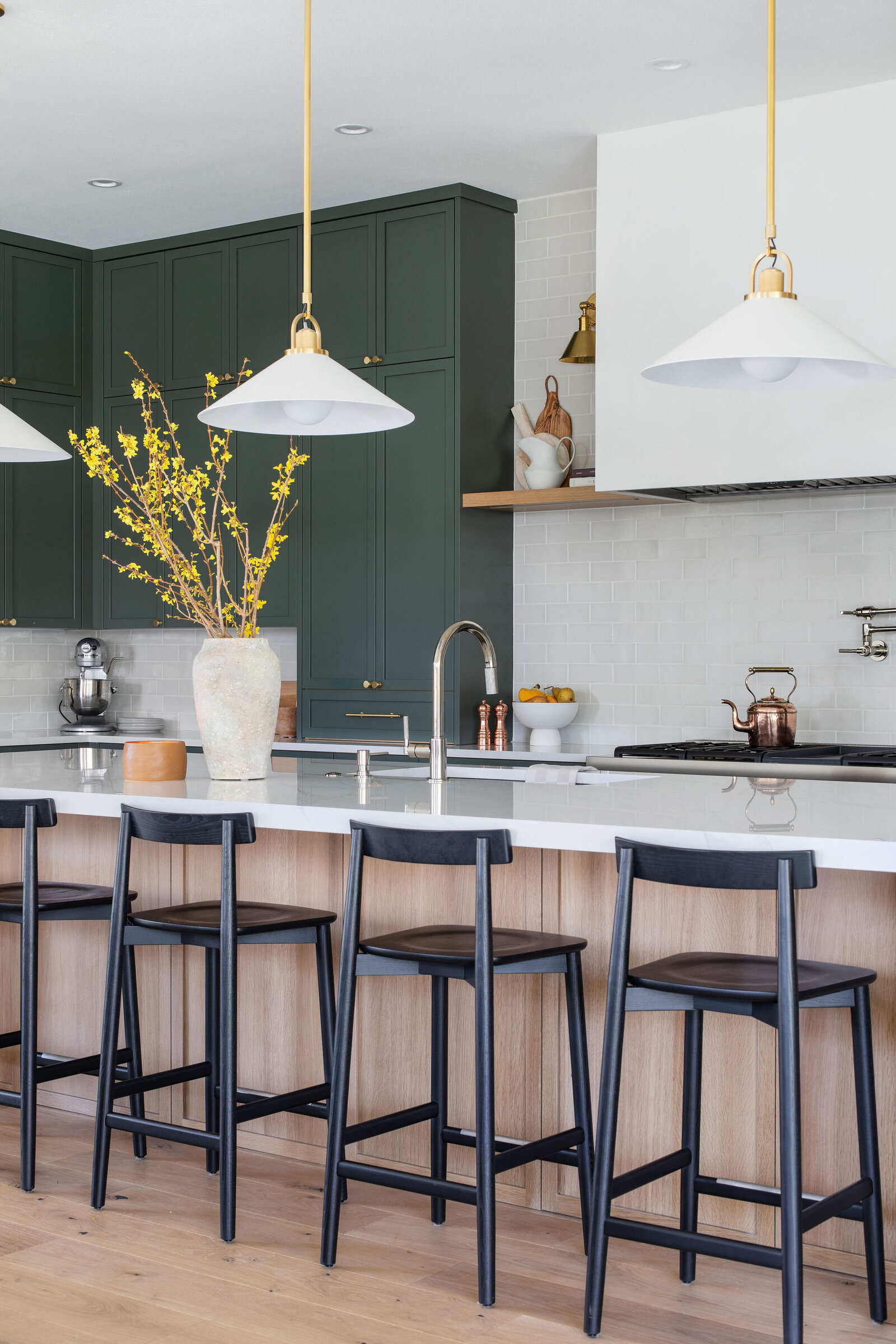 Green Kitchen with white oak island and quartz counter_Nuela+Designs