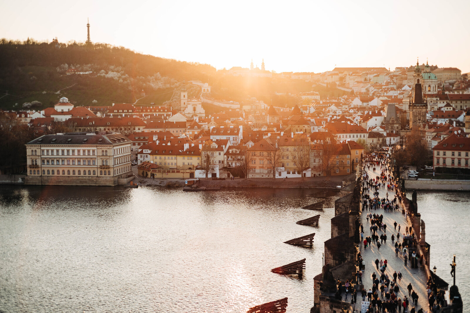 Charles Bridge and the city of Prague during sunset