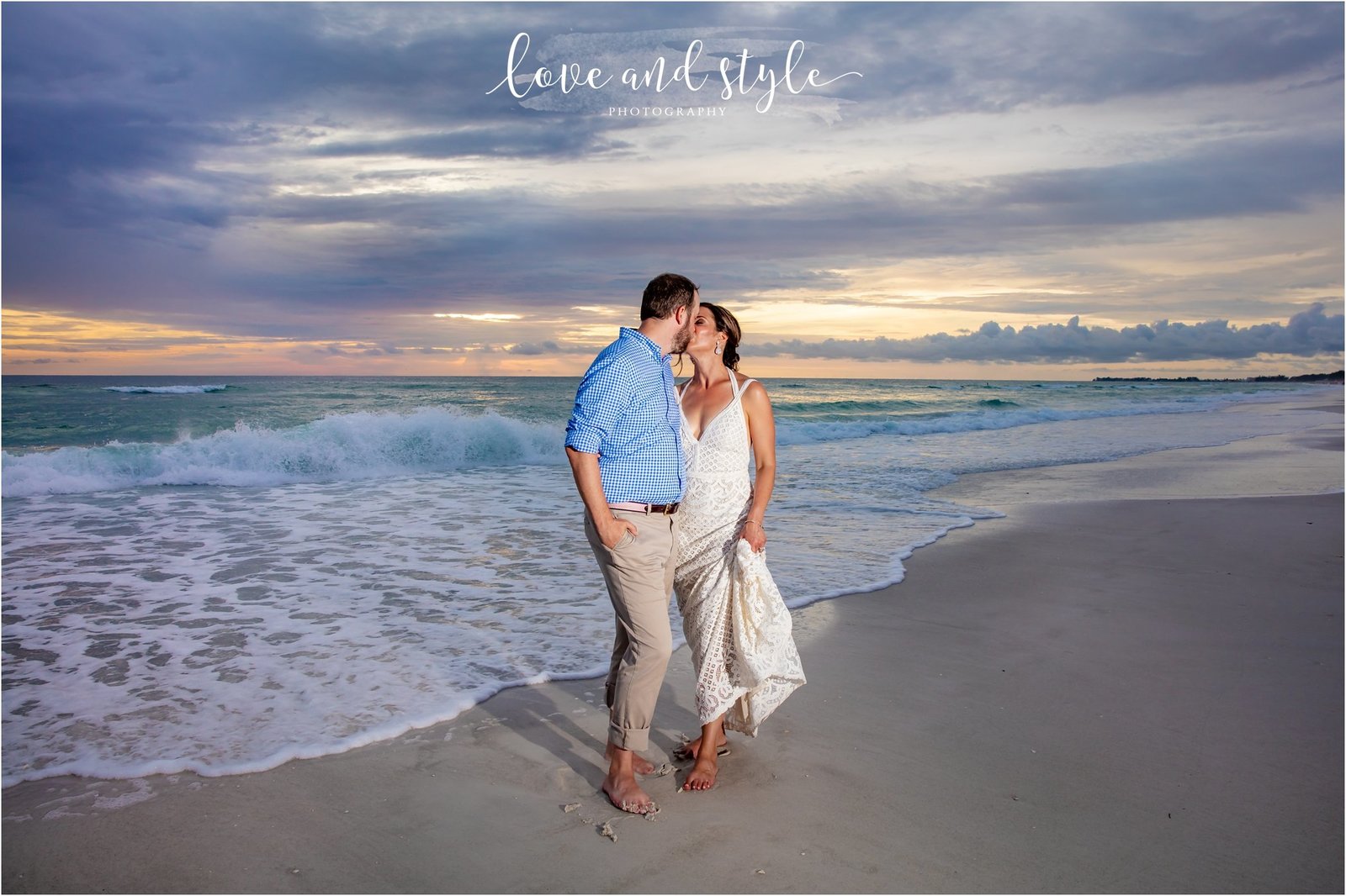 Bride and Groom on Bradenton Beach at Sunset in front of The Beach House Restaurant