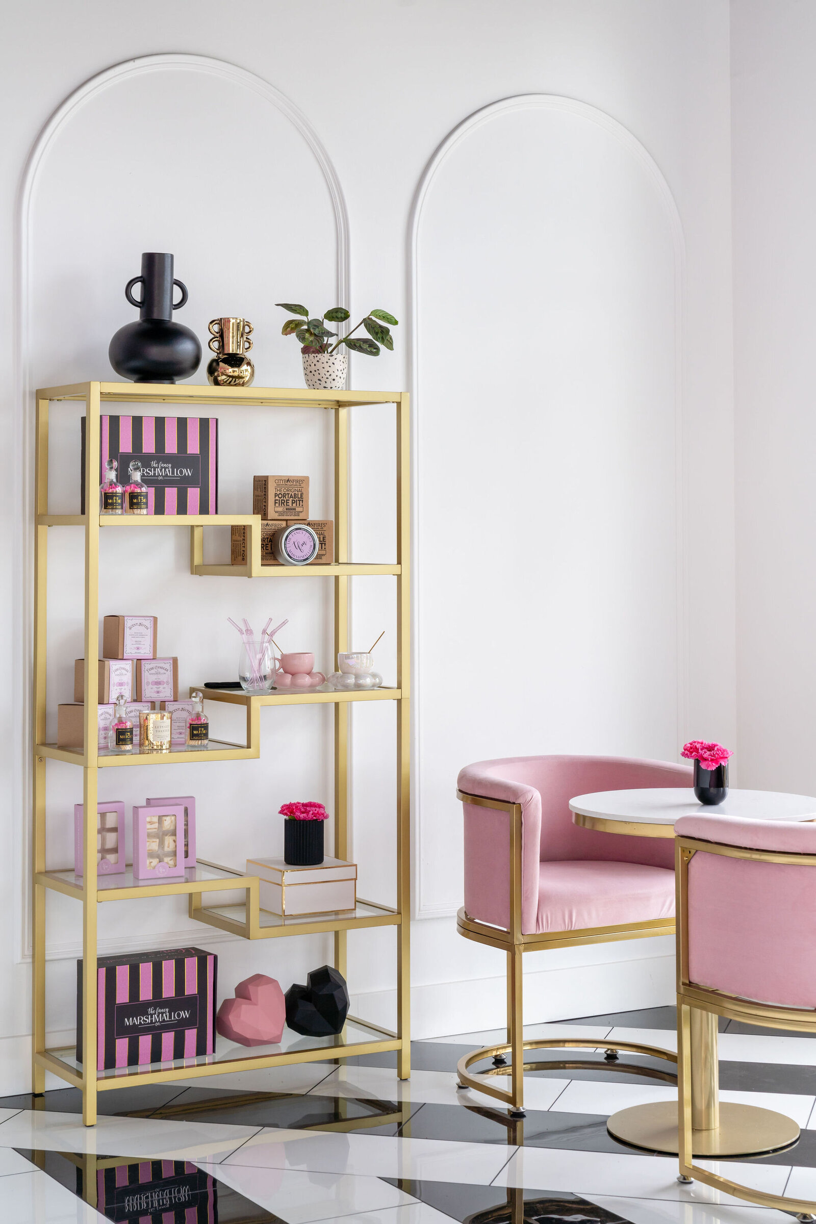 Nuela_Designs_Retail_Display_Gold_Pink_Chairs_Interior_Design