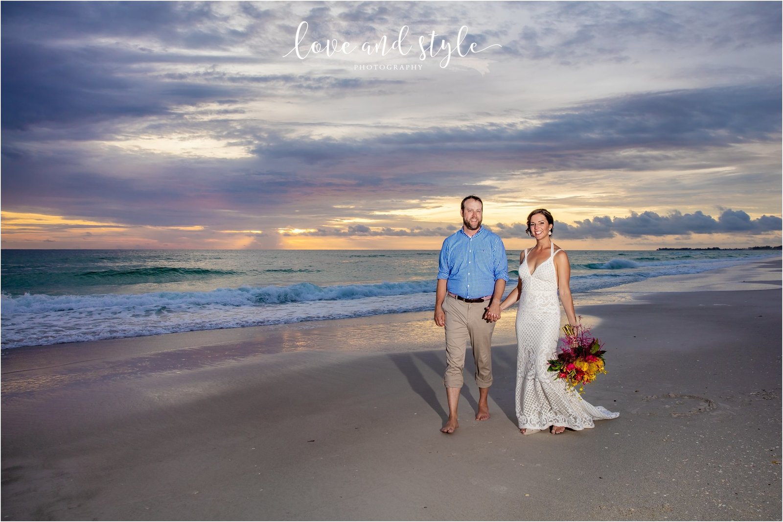 Bride and Groom walking on Bradenton Beach at Sunset in front of The Beach House Restaurant, Anna Maria Island