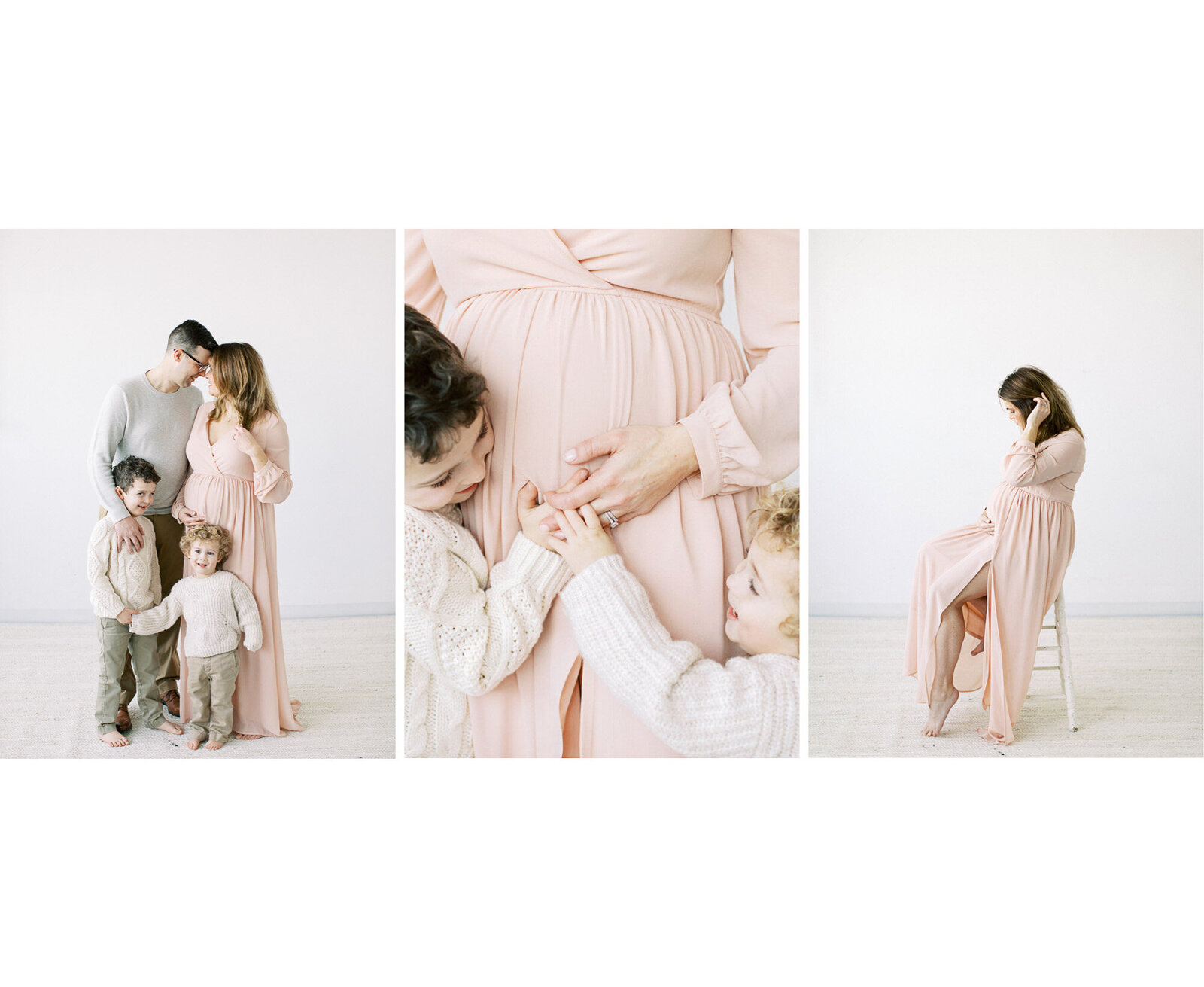 Family of 4 with pregnant mom in pink dress by Milwaukee Maternity Photographer
