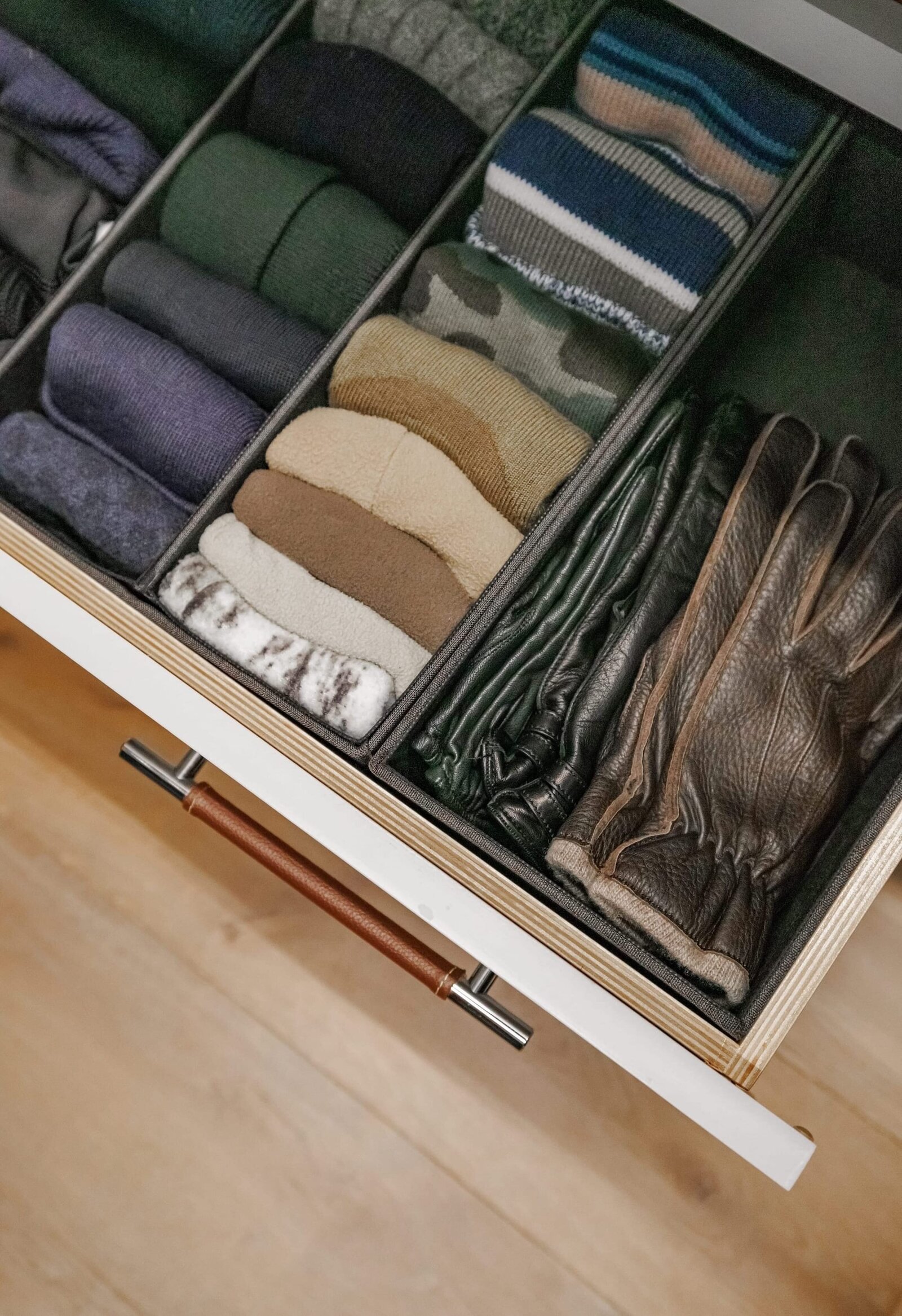 vision and hammer organizing mens drawer with gloves