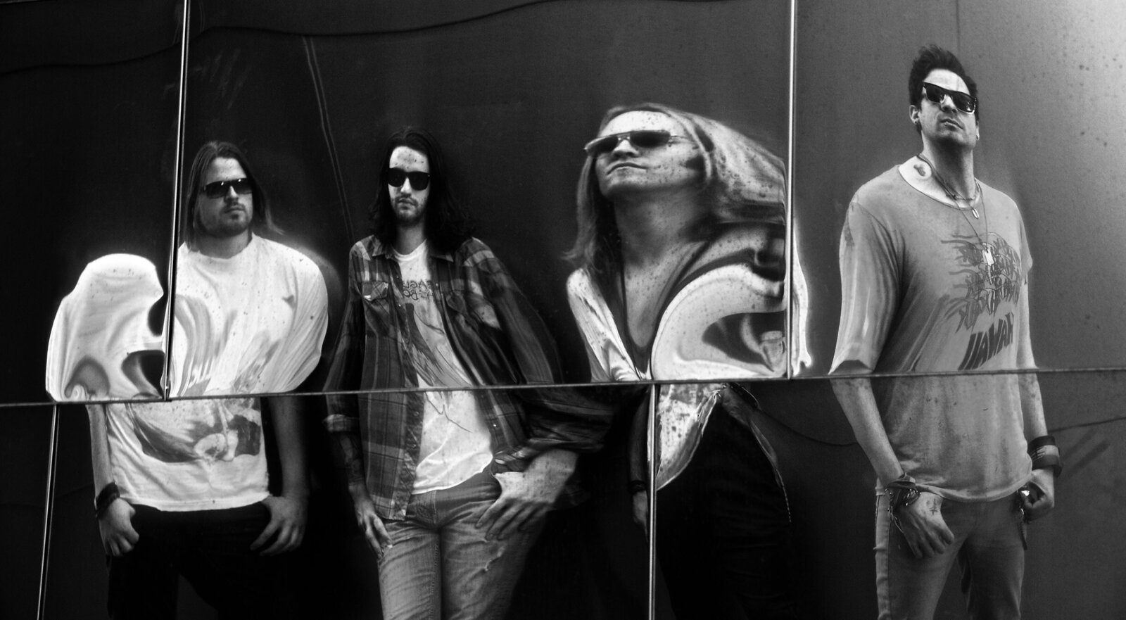 Band Photo Los Angeles black and white four members One Ban Son reflections warped in metal wall