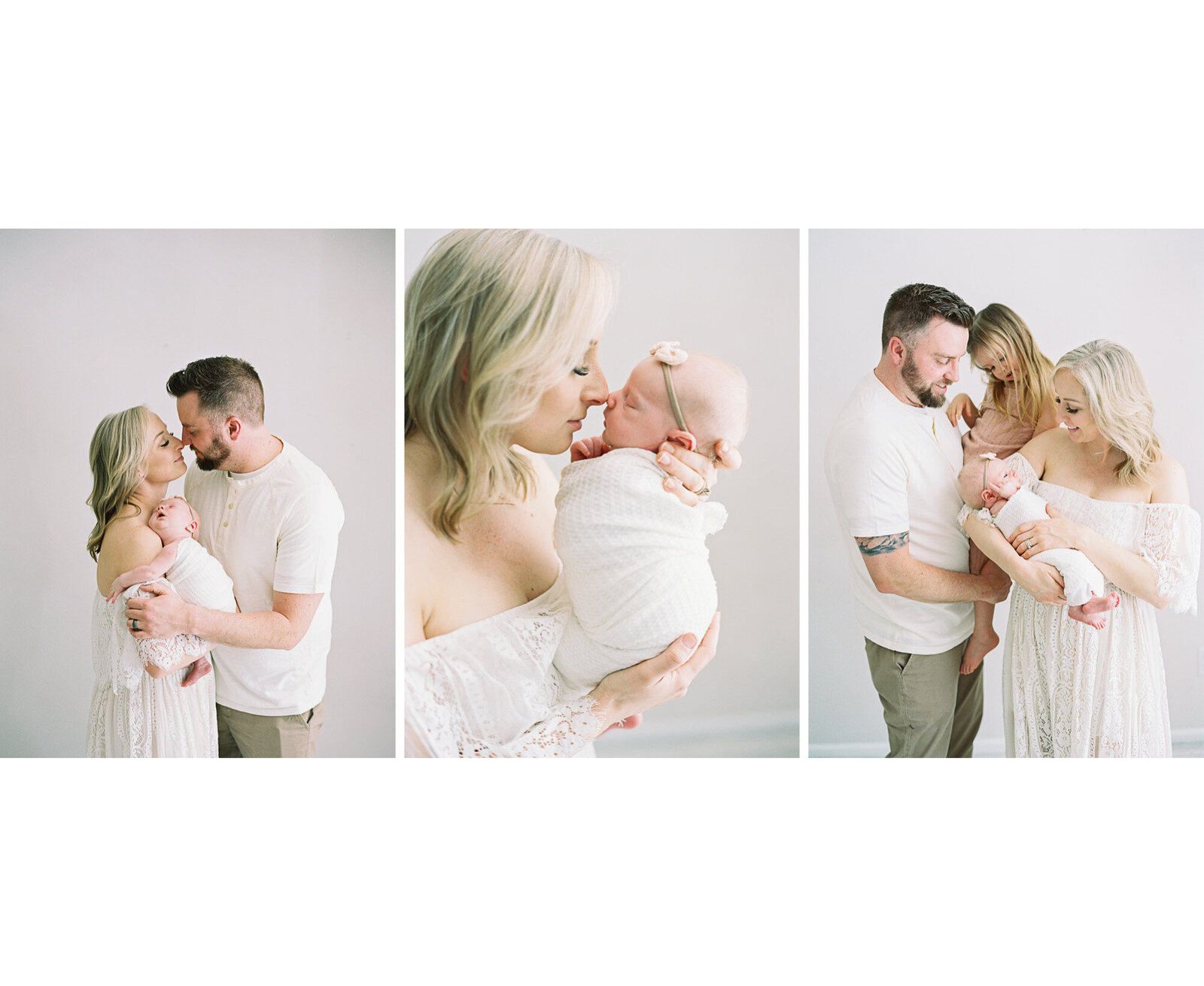 newborn baby held by mother in white dress for a studio newborn session with Madison family photographer, Talia Laird Photography
