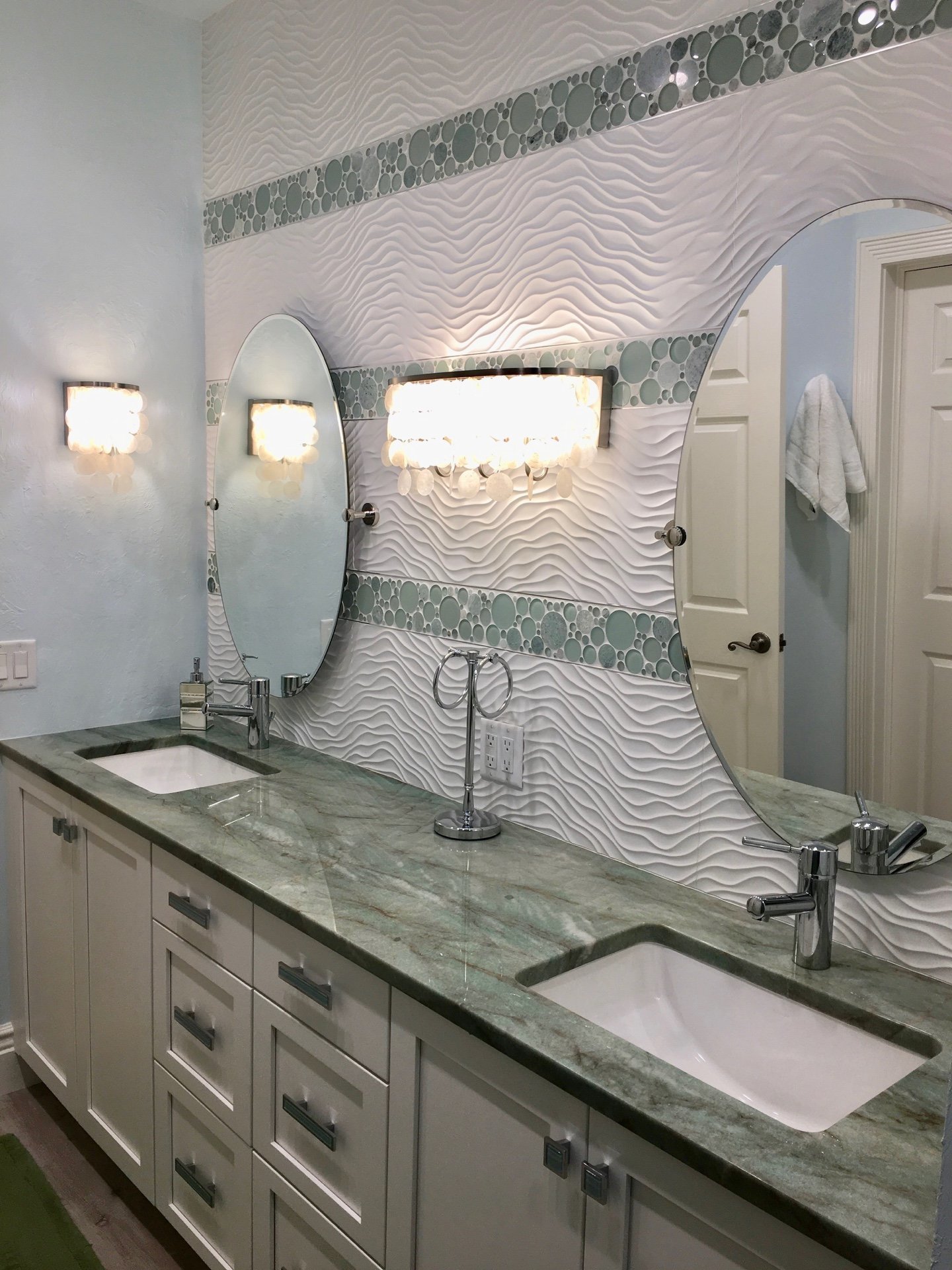 Florida Contemporary Coastal Aqua White Bathroom Design