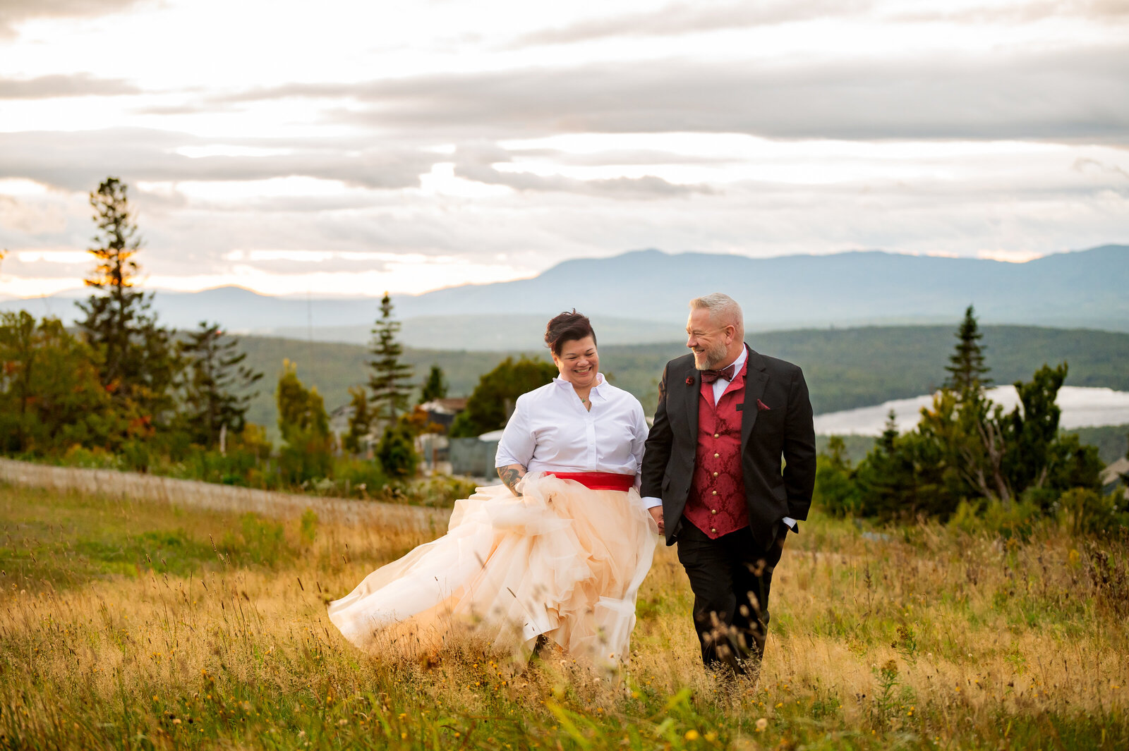 Fields and mountain wedding portrait