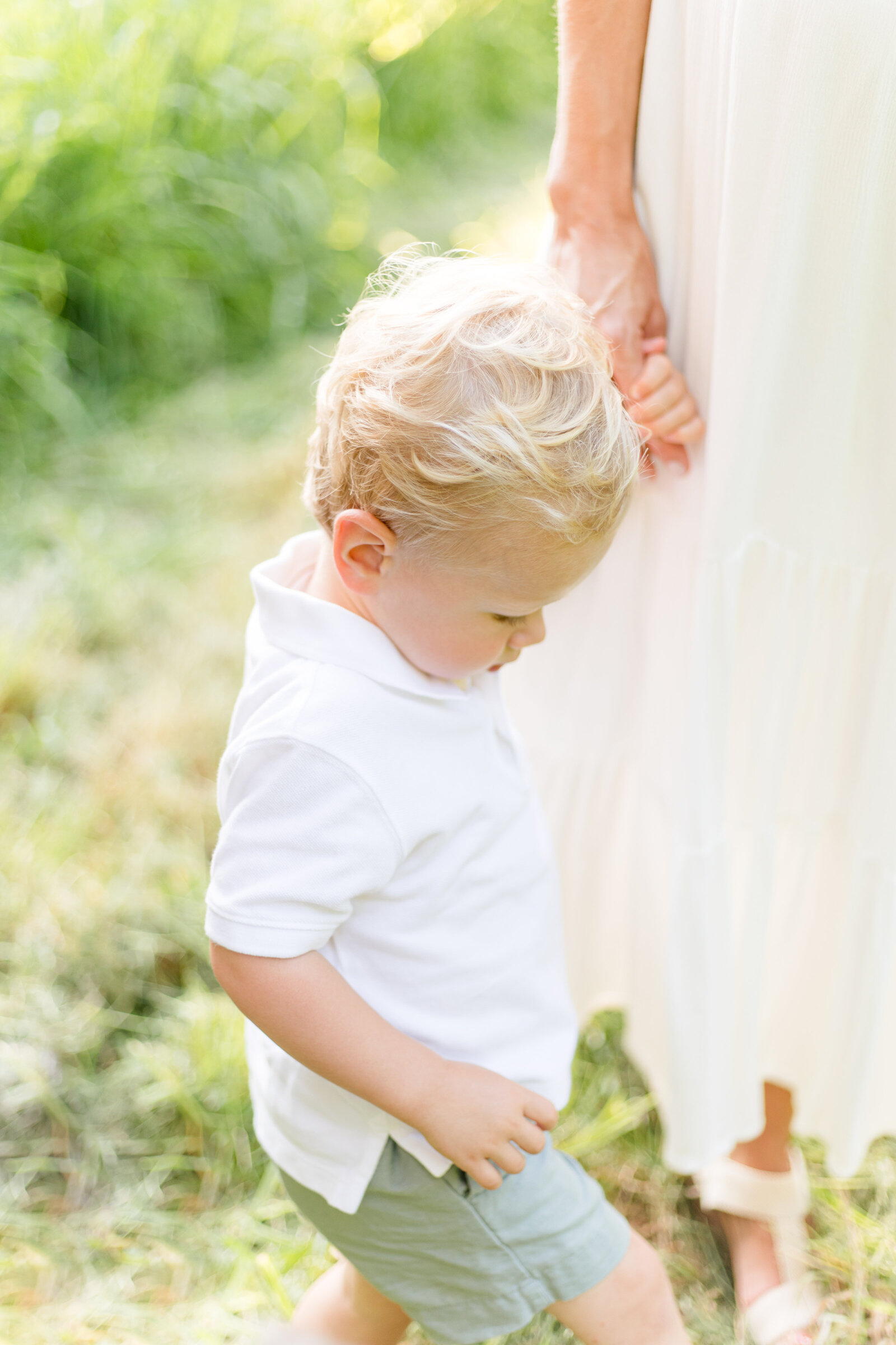 A young toddler boy is holding his mother's hand and looking down at the grass during photo session with Boston family photographer Corinne Isabelle