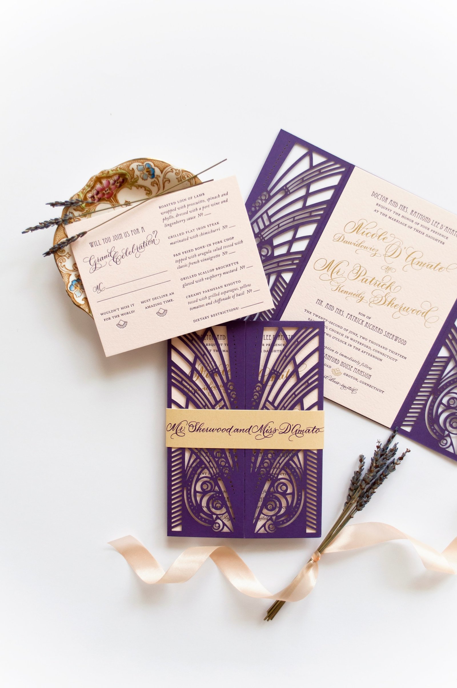 Luxurious gatsby themed letterpress wedding invitations for wedding at The Branford House in Groton, CT