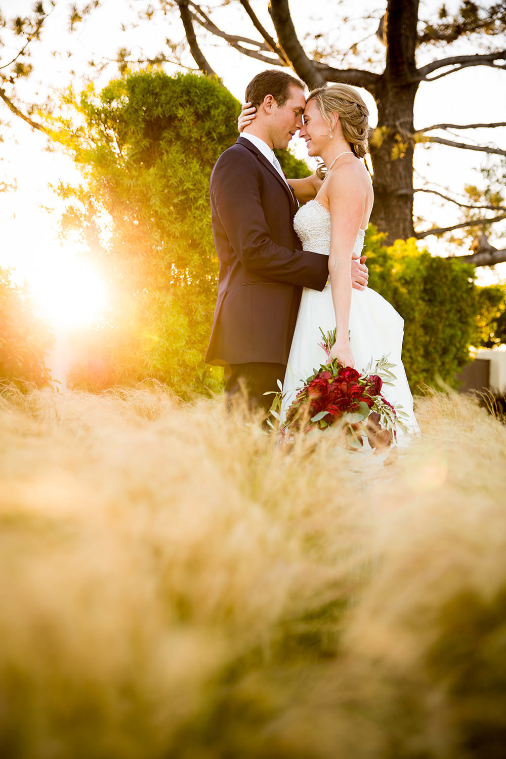 bride and groom in open field with grass