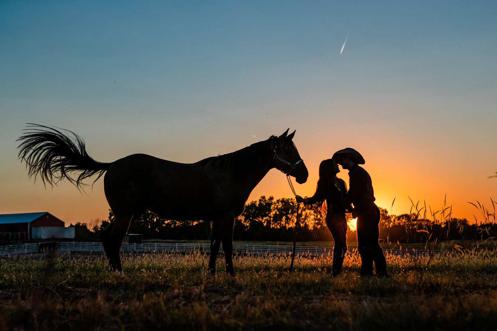 Cowboy couple with horse and Sunset