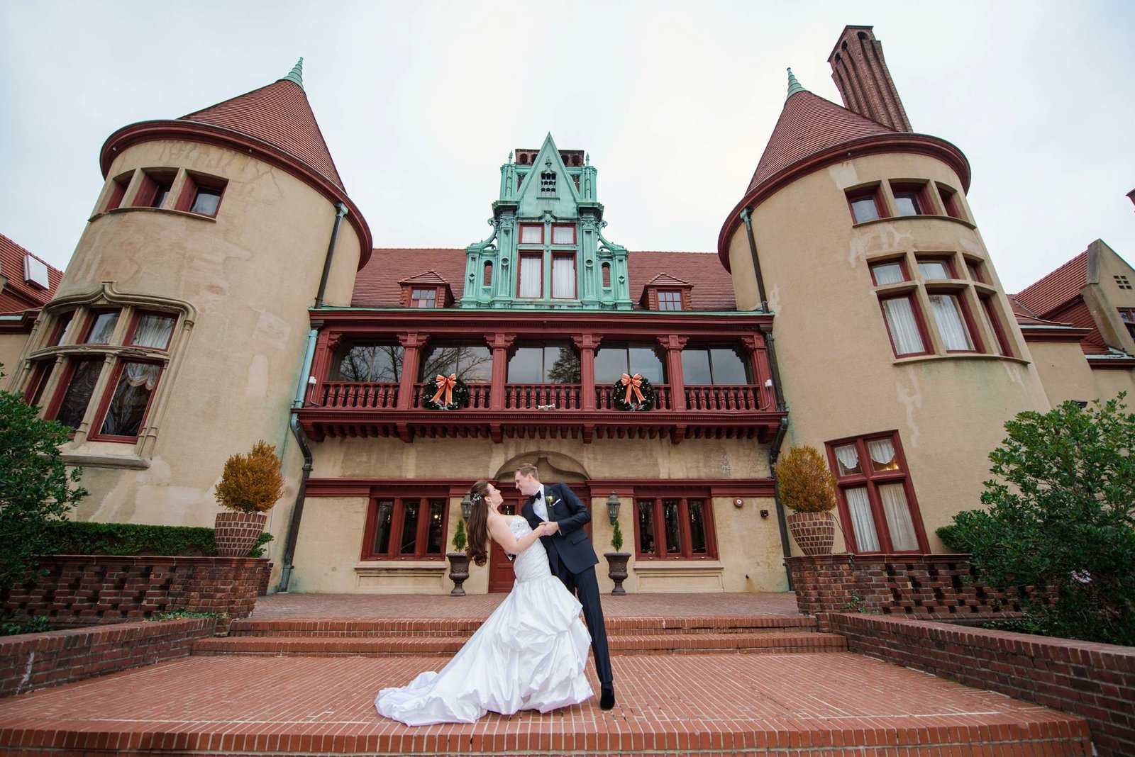 Bride and groom in front of Coindre Hall