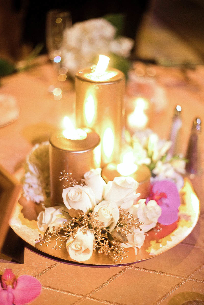 Gold candles lit on reception table made by Offshoots Decor, The Patio at Archmere Academy, Hockessin, Delaware