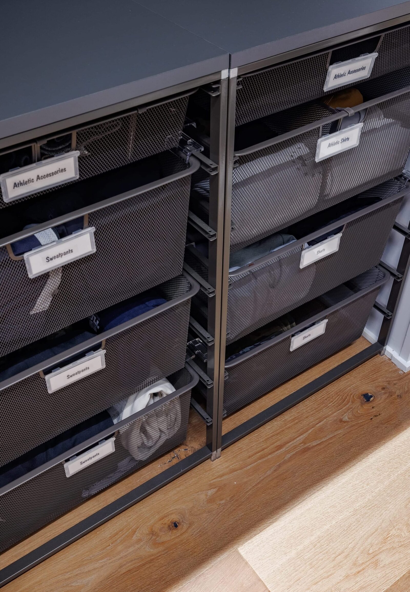 vision and hammer organizing mens closet labeled bins 