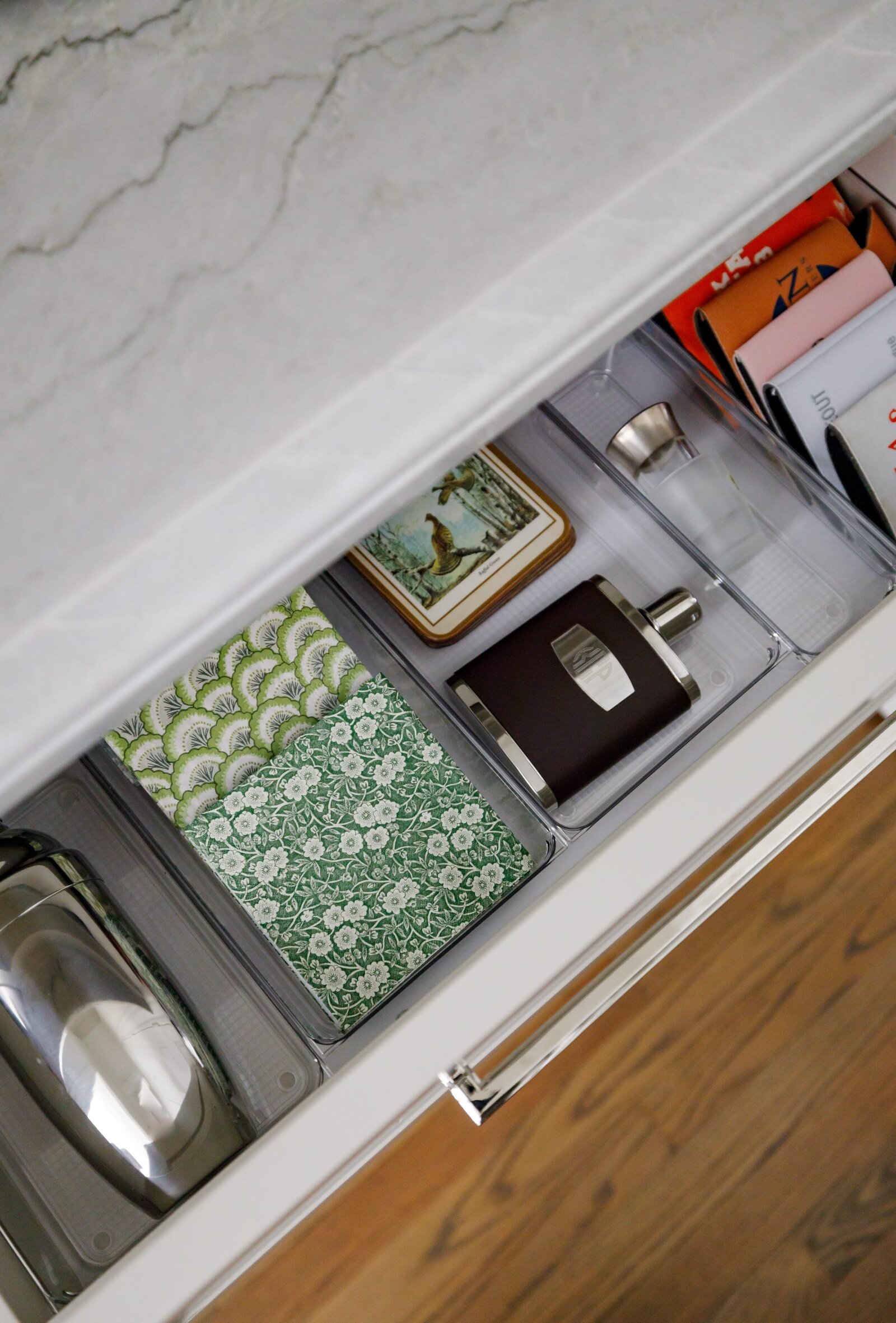 vision and hammer organizing bar drawer with koozies and bar napkins