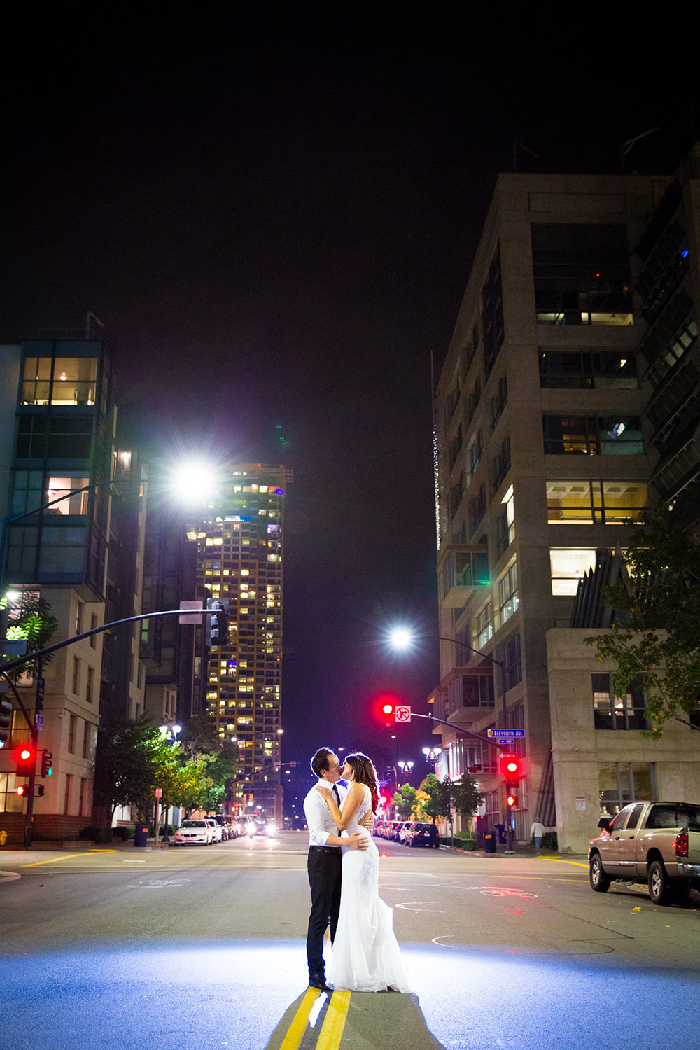 night shot of bride and groom in downtown san diego luce loft