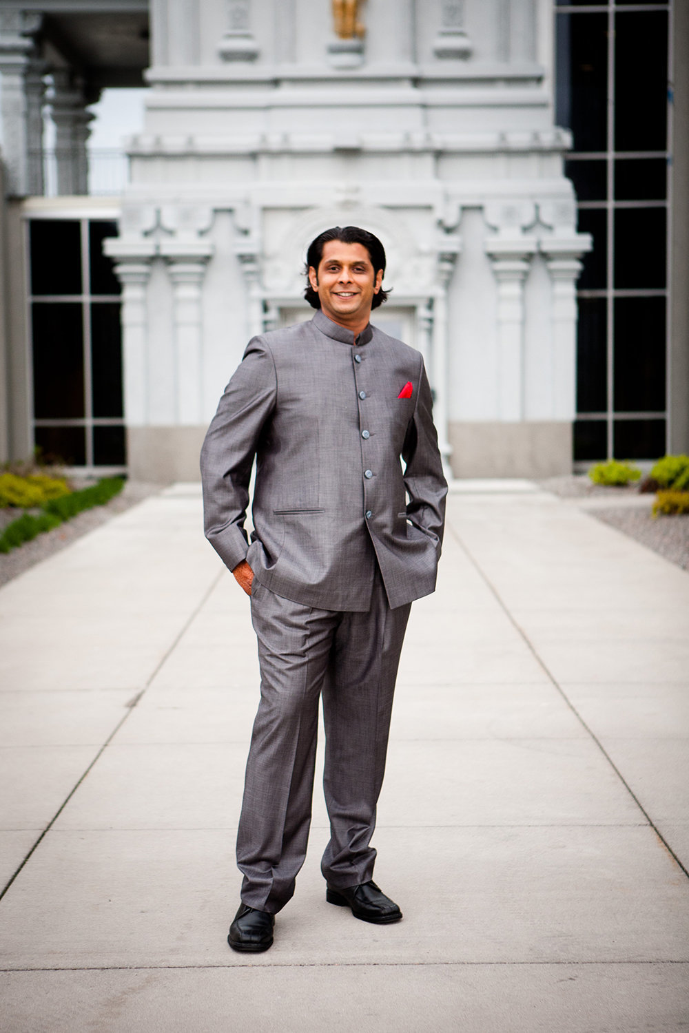 Indian groom in a stylish modern suit before his wedding