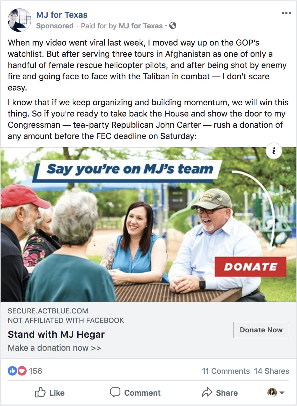 MJ Heger Texas congressional candidate Facebook ad