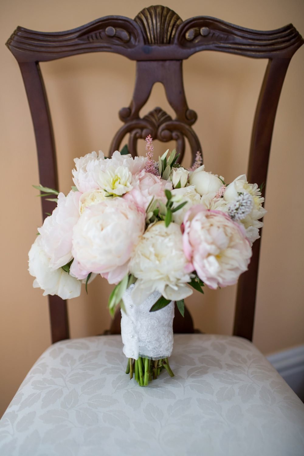 Classic peony bridal bouquet for Eisenhower House wedding in Newport, RI