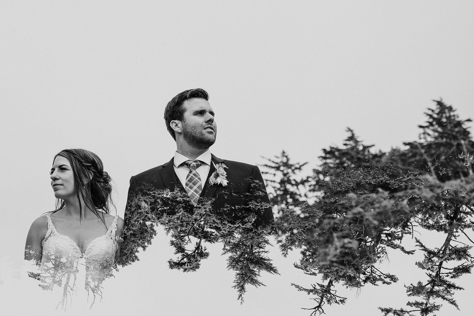 Bride and groom double exposure with trees