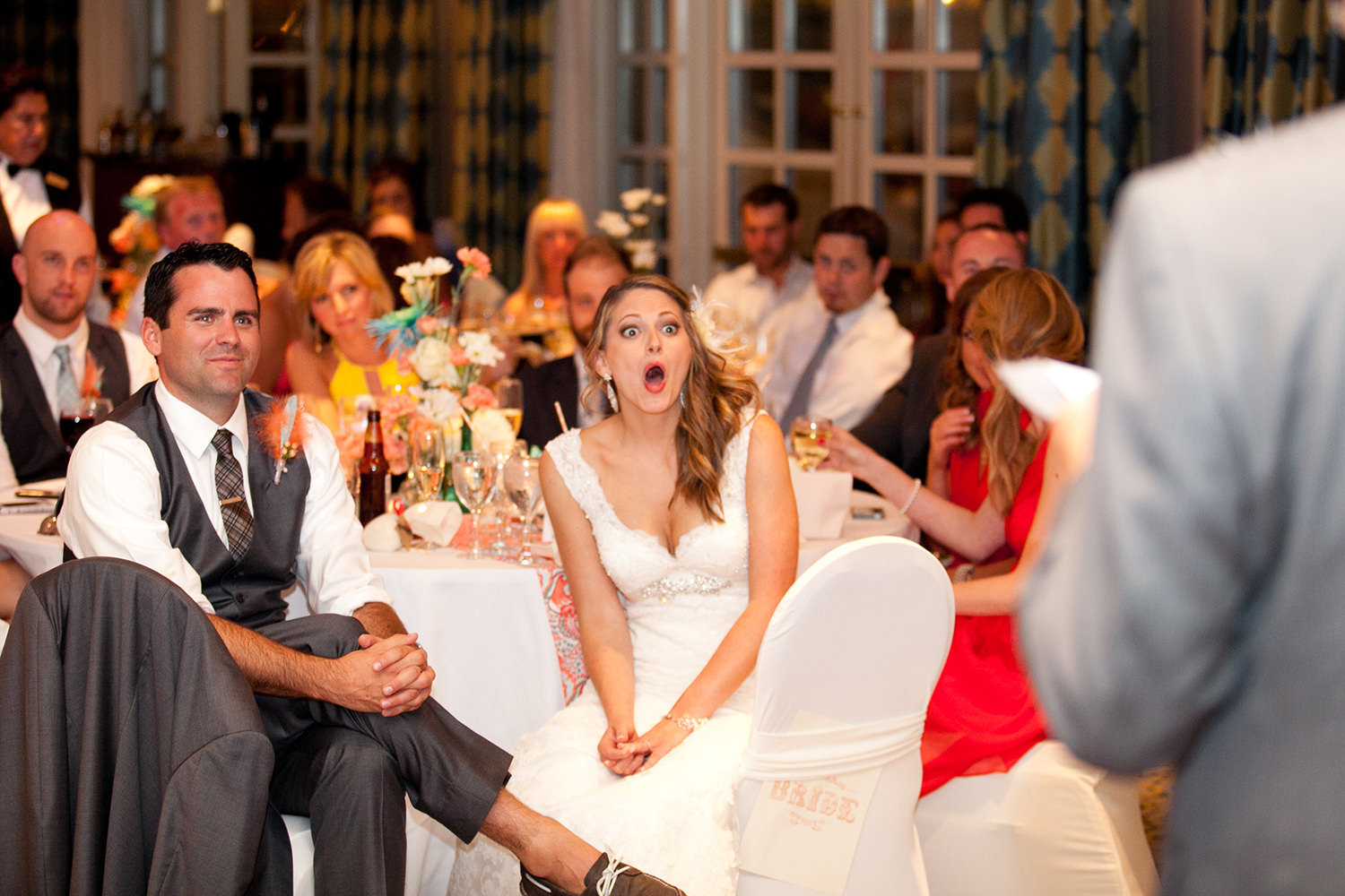 bride with funny face during speeches at hilton mission bay