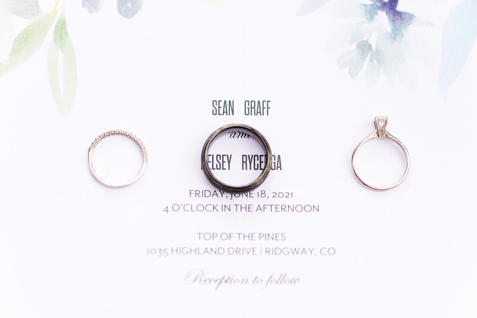 wedding rings, engagement ring on wedding invitaion