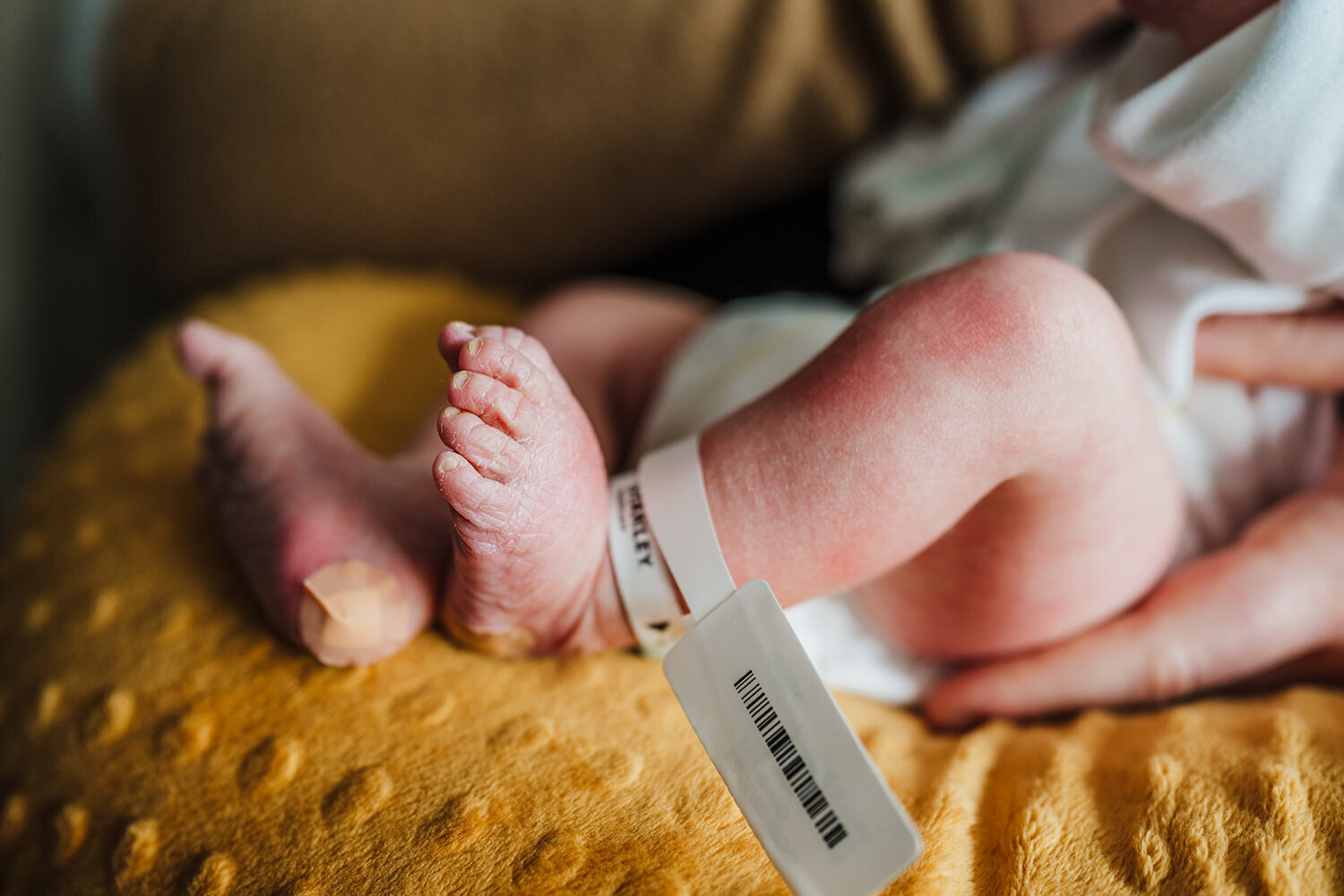 newborn baby feet wrinkled with hospital bracelets on ankles